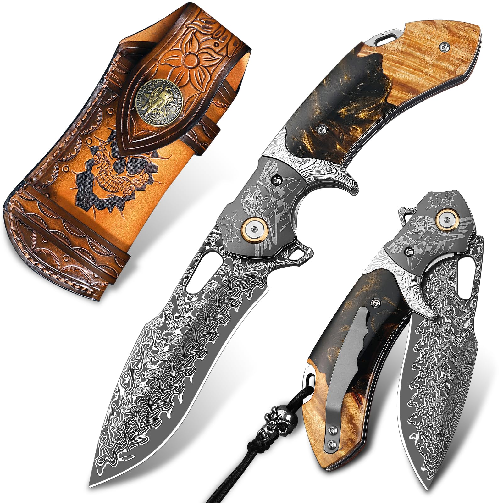 Handgefertigtes Klappmesser aus Damaszenerstahl, Taschenmesser für Herren, mit Lederscheide und Gürtelclip, Griff aus Ahorn mit Harzbeschichtung, ideal für Outdoor-Aktivitäten wie Wandern und Camping