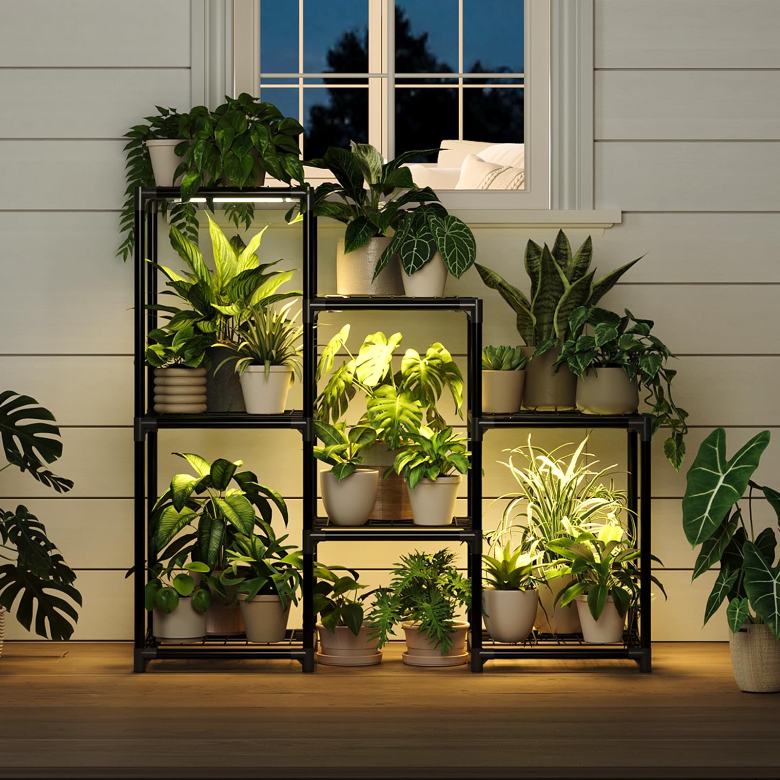 Laposso Soporte para plantas con luz de crecimiento para plantas de interior, estante de metal de 3 niveles, luces de cultivo para plantas de interior, dormitorio, sala de estar