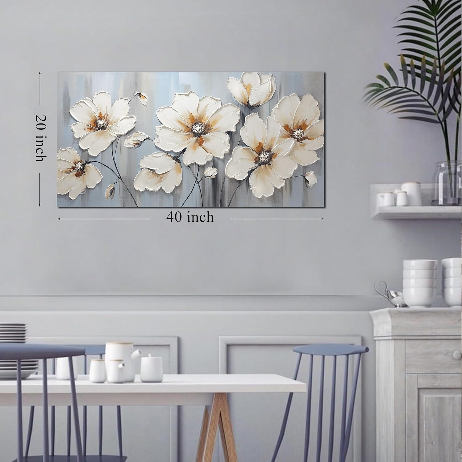 Large Artwork Canvas Wall Art for Living Room Bedroom Modern White Flower Theme Picture Wall Art with Frame Canvas Decorative Artwork Hangable Decor Painting Size 20x40