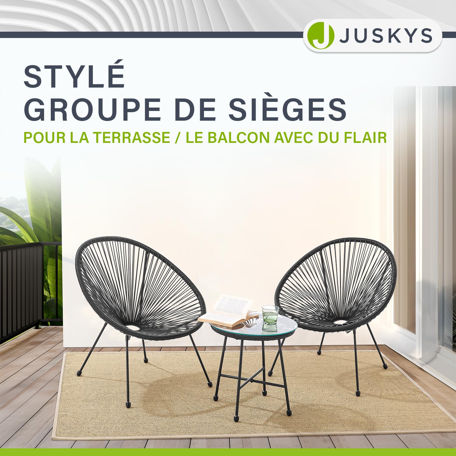 Juskys Ensemble de Meubles de Balcon Ostana en 3 Parties - Table et 2 fauteuils - Groupe de sièges élégant pour Balcon, terrasse et Jardin - Ensemble de Meubles de Jardin pour Balcon Noir