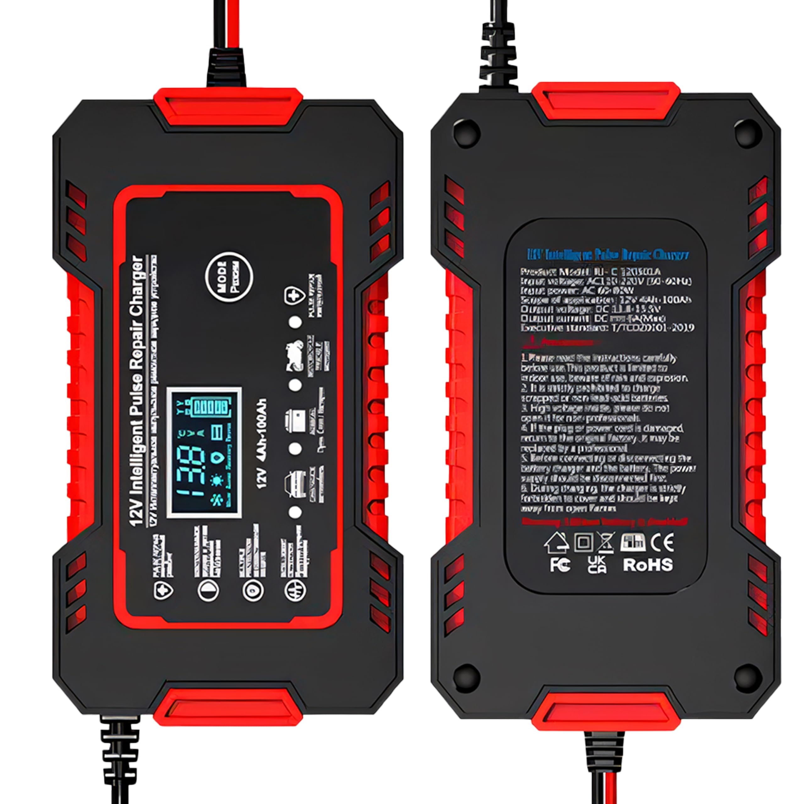 Retoo Automatyczna prostownica samochodowa 12 V/24 V 6A, LCD Smart Charger z funkcją naprawy, zintegrowany wentylator, 7 trybów ładowania, ochrona akumulatora