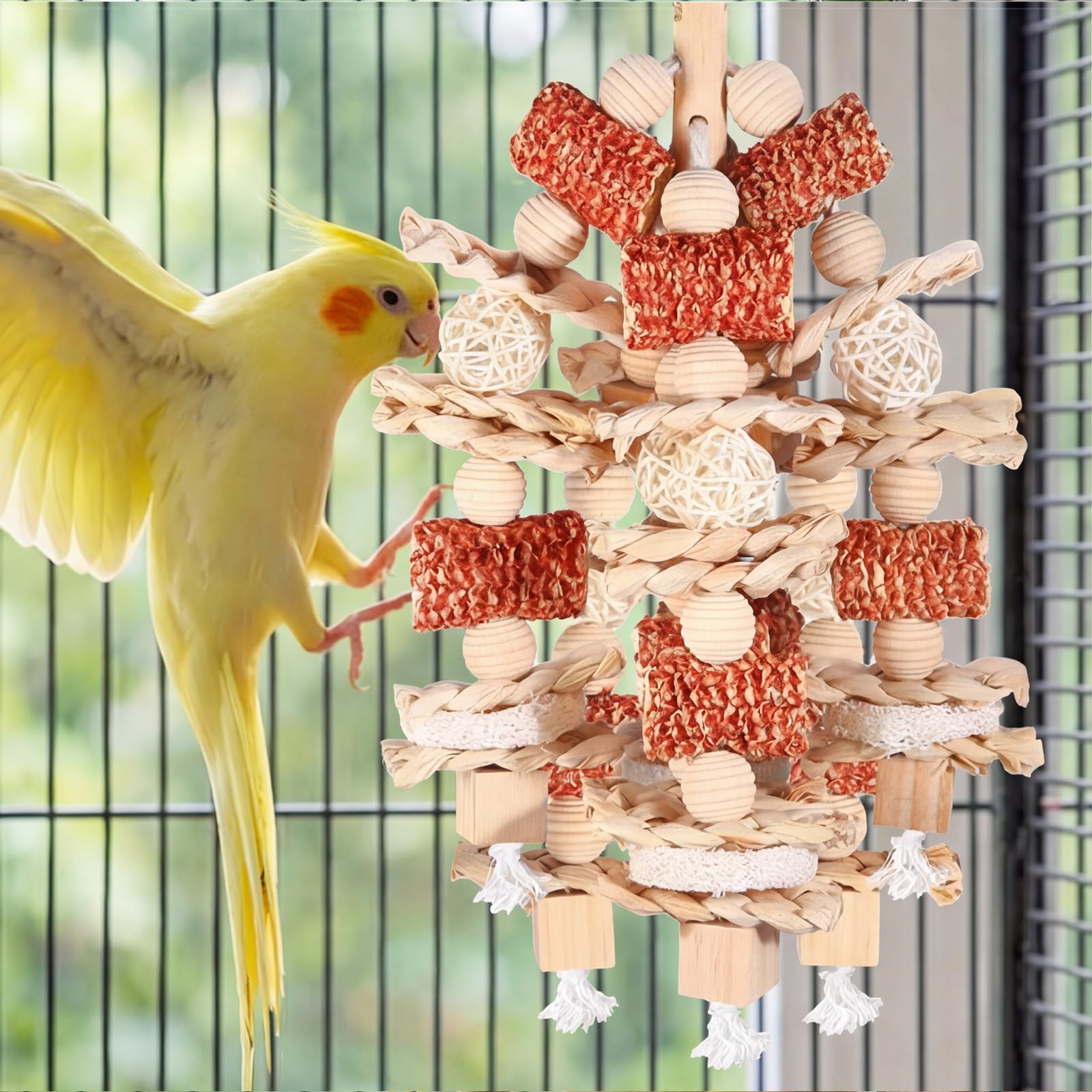 Giochi per Pappagalli in Legno Naturale, Giochi Pappagalli da Masticare con Blocchi di Legno Naturali Appesi per Small Medium parrocchetti Lovebirds fringuelli