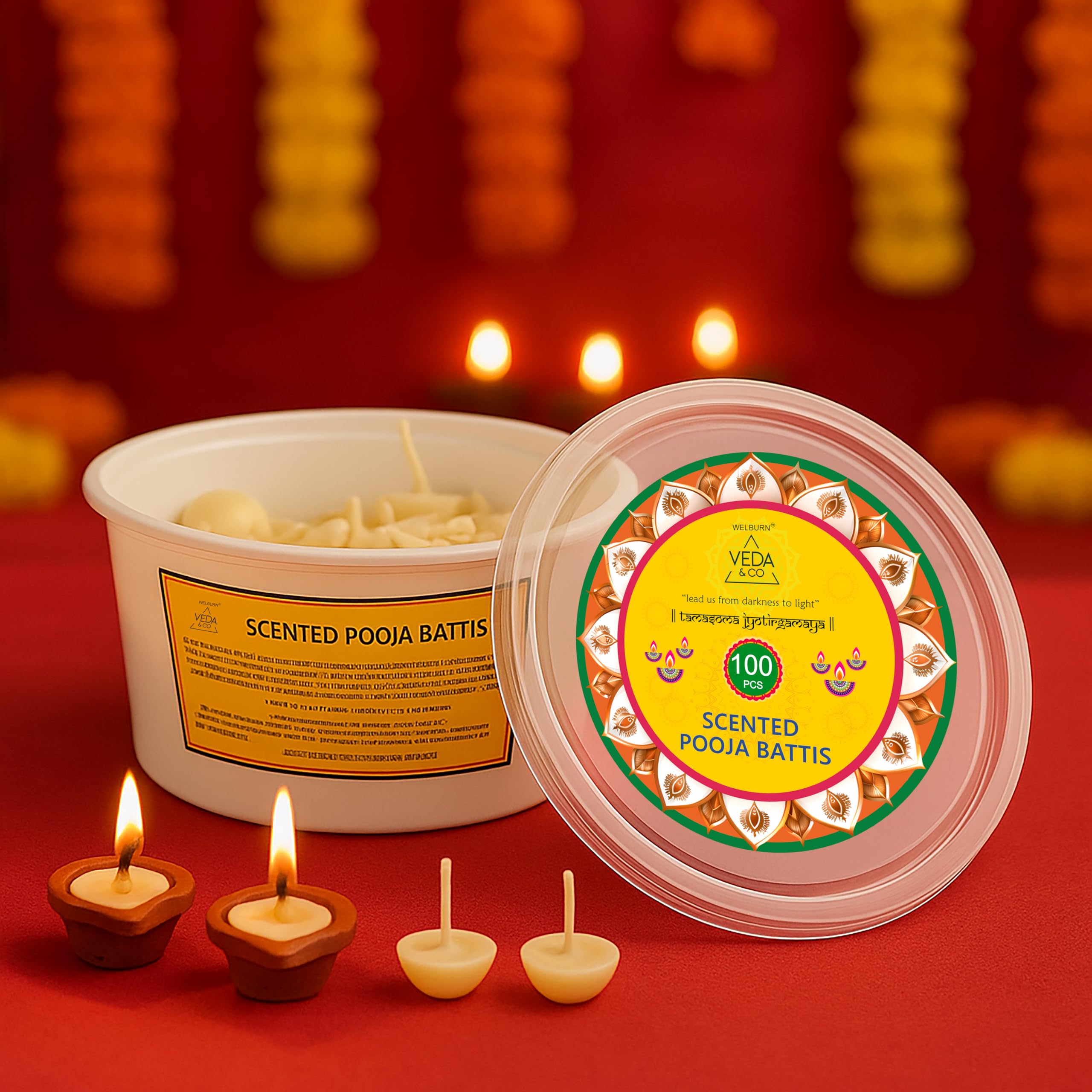 Welburn Veda&Co® Nagchampa Scented Ghee Blended Batti for Puja | Diya Batti with Cotton Wick | 30 Min Burning Time | Ghee Batti for Divine Worship | Ideal for Festivals and Daily Puja (Pack of 200)
