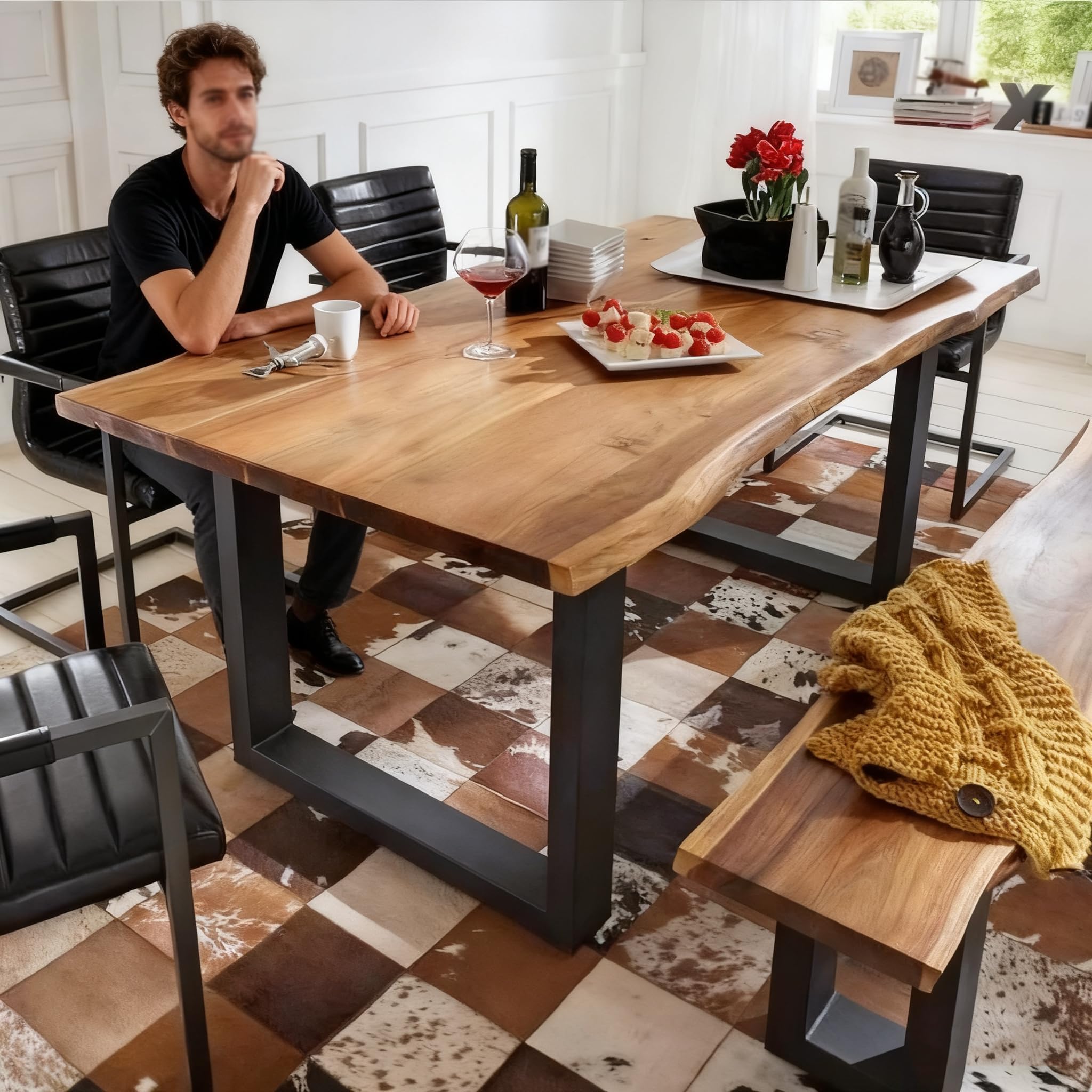 Live Edge Dining Table, Solid Wood Dining Tables, Live Edge Table Top, Rectangle Wood Slab Industrial, Wooden Tables Top & Metal Base, Long Dining Room for 2,4,6,8 (47"L x 24"W x 30"H/120*60*75cm)