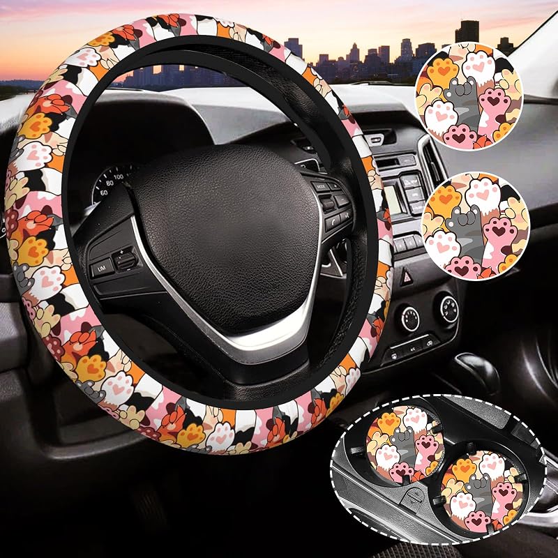 Capa para volante com estampa de patinhas White Cat em neoprene, para volantes de 37 a 38 cm, com 2 porta-copos de silicone, Gwwens, conjunto com 3 peças