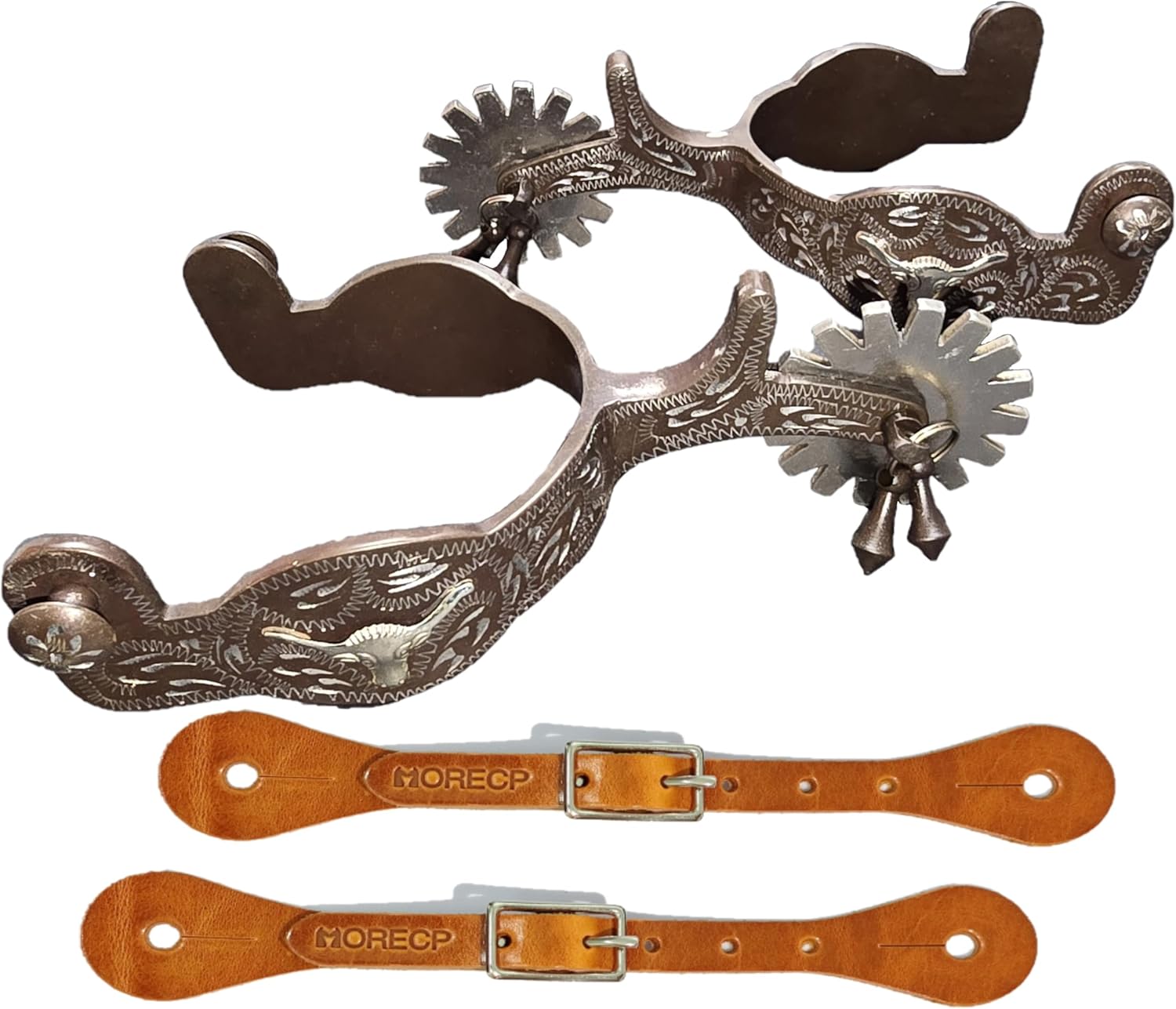 Western Antique Spurs with Leather Belt, German Silver Trims and Rowel, Hand Carved Silver Equestrian Gear for Men and Women, Riding Competition Spurs MP-1130