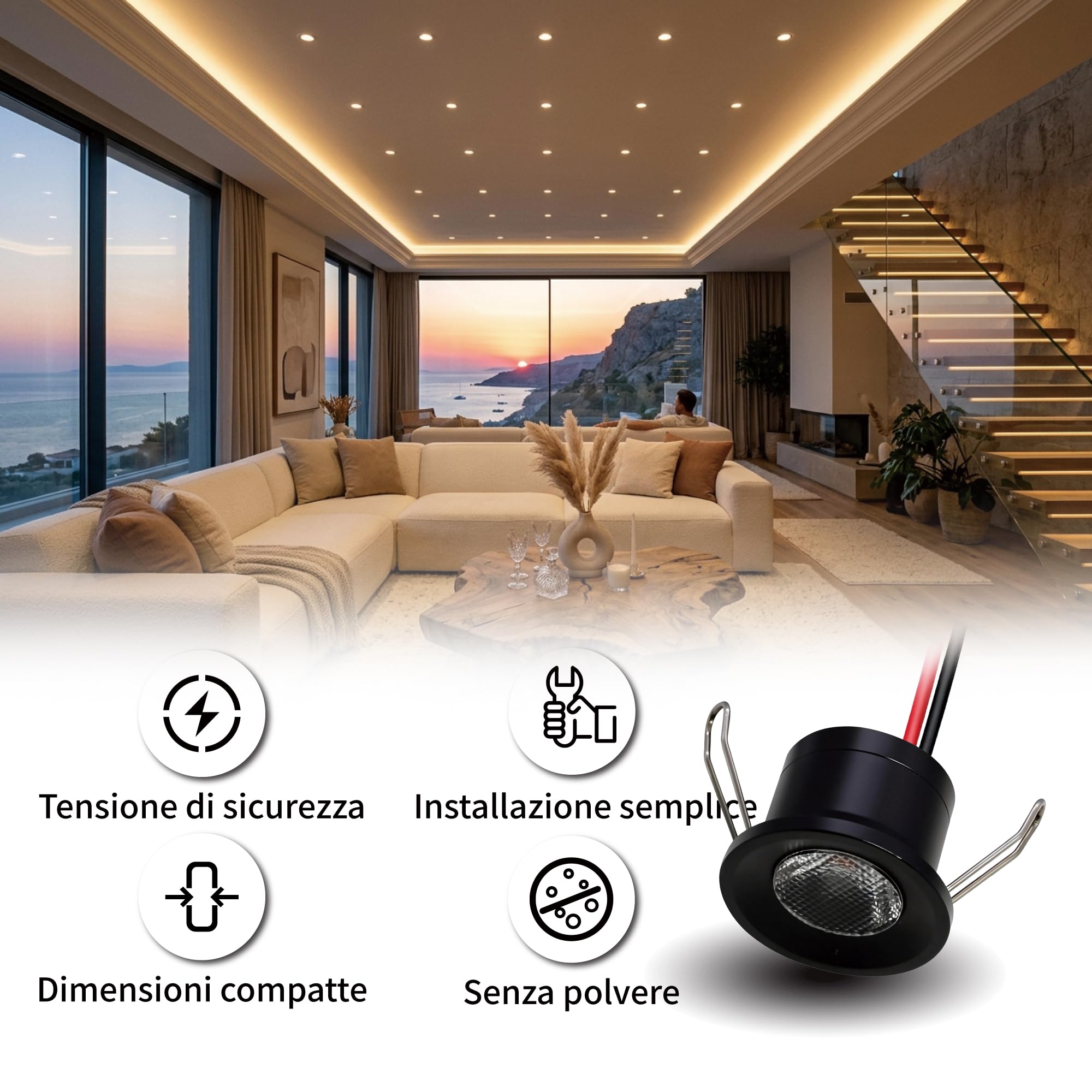 Mini Faretto LED 2W 6pz DC 12V, IP65 Impermeabile Piccolo Faretto da Incasso Soffitto, 25mm Illuminazione Fai-da-Te per Mobili Quadri Pareti Cucina Scale Vetrine Corridoi (Nero Caldo)