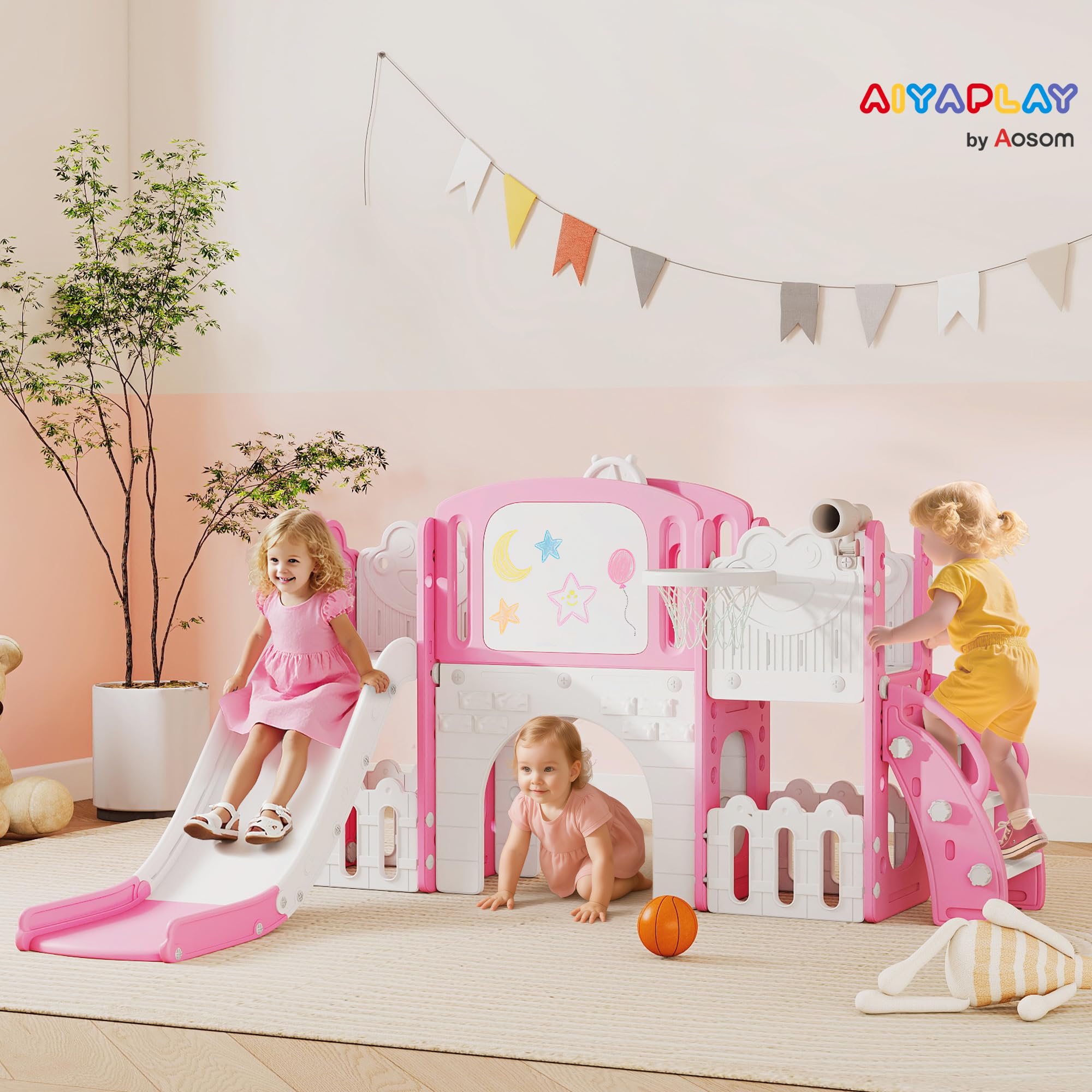 AIYAPLAY Tobogán Infantil 7 en 1, Tobogán para Niños de 1-3 Años, Temática de Rana, con Aro de Baloncesto, Túnel, Pizarra, Telescopio de Juguete, Escalador y Cajas, para Interior y Exterior, Rosa
