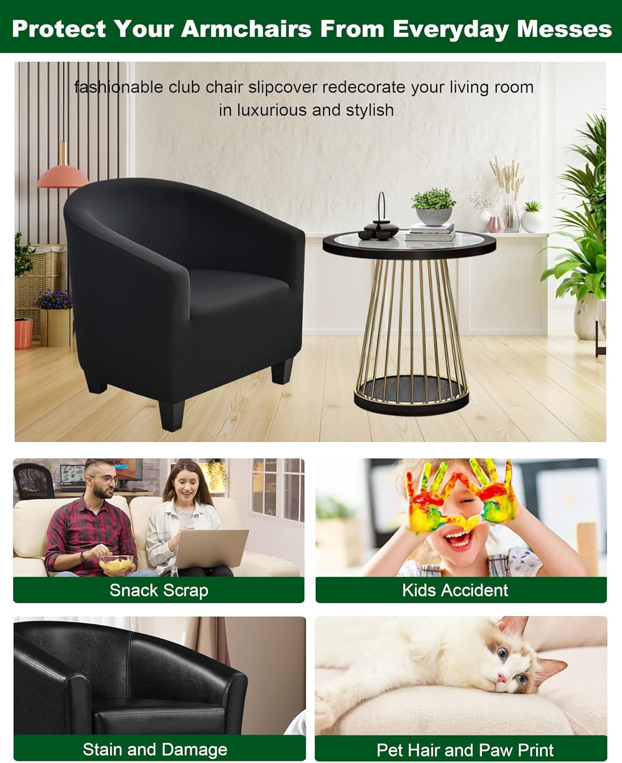 CRFATOP Soft Club Chair Slipcover Stretch Barrel Chair Covers Printed Tub Chair Slipcovers Round Couch Covers Spandex Armchair Sofa Cover Removable Furniture Protector for Living Room,Black