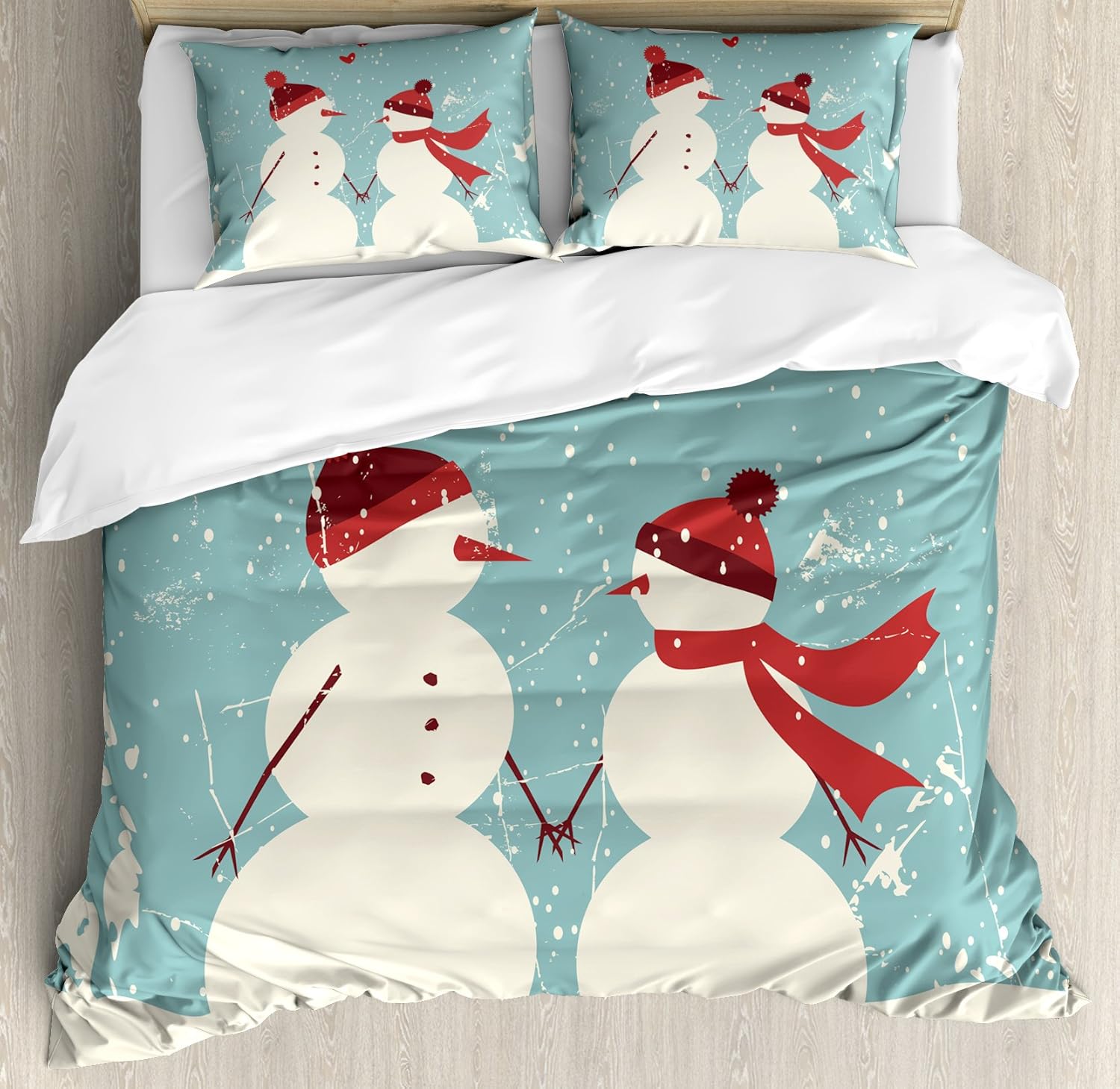 Ambesonne Christmas Duvet Cover Set, Snowman and Woman Romantic Couple in Love Holding Hands Grunge Display, Decorative 3 Piece Bedding Set with 2 Pillow Shams, Queen Size, Seafoam Red Cream