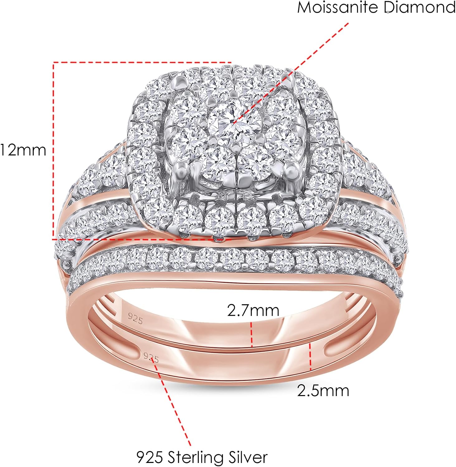 Double Halo Bridal Ring Sets for Women Round Lab Created Moissanite or Lab Grown Diamond Wedding Band Engagement Rings in 14k Gold Plated 925 Sterling Silver Jewelry