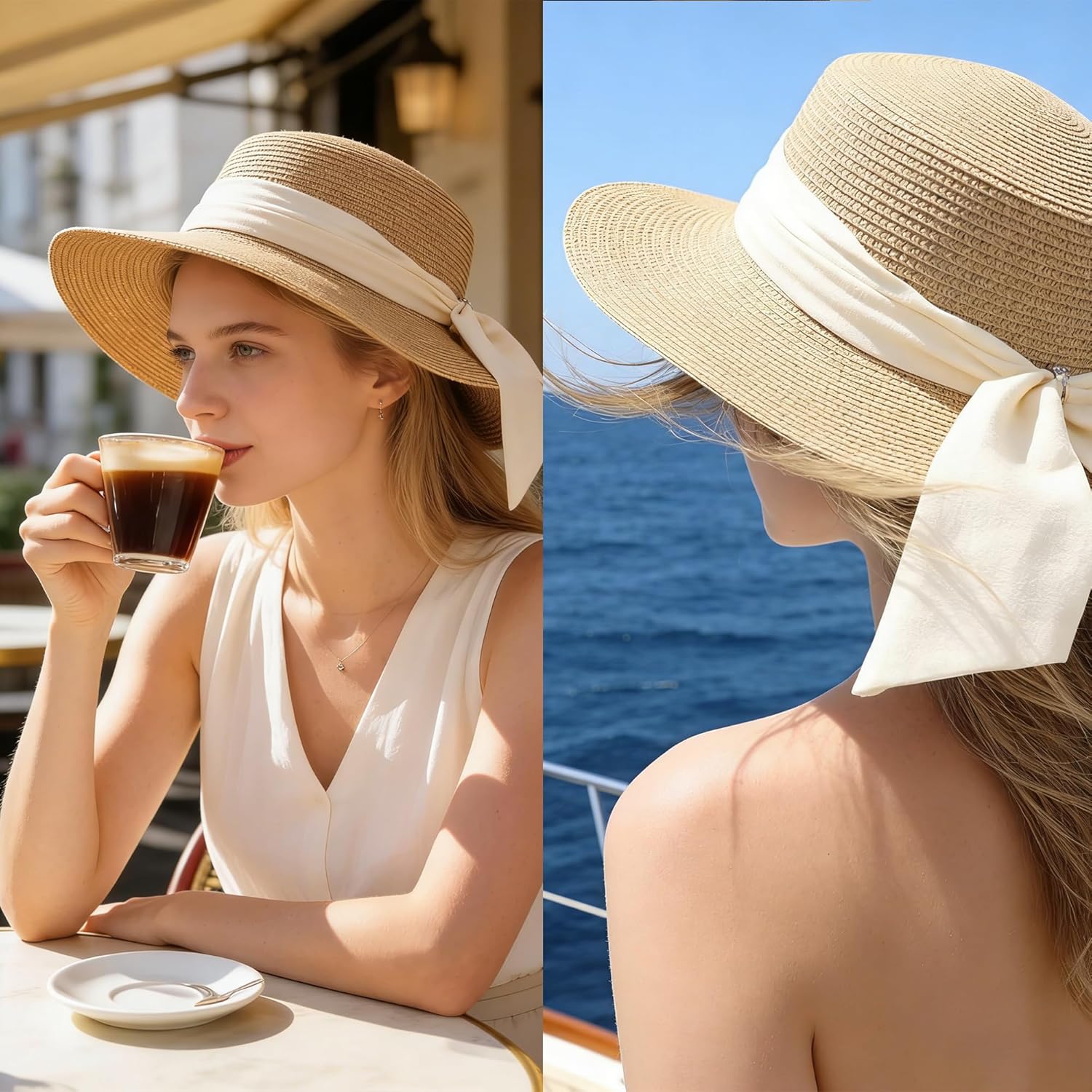 Holiday Straw Beach Hat for Womens Wide Brim Bow Ribbon Boater Hat Flat Top Classic Sun Hats for Summer Small/Medium - Image 3