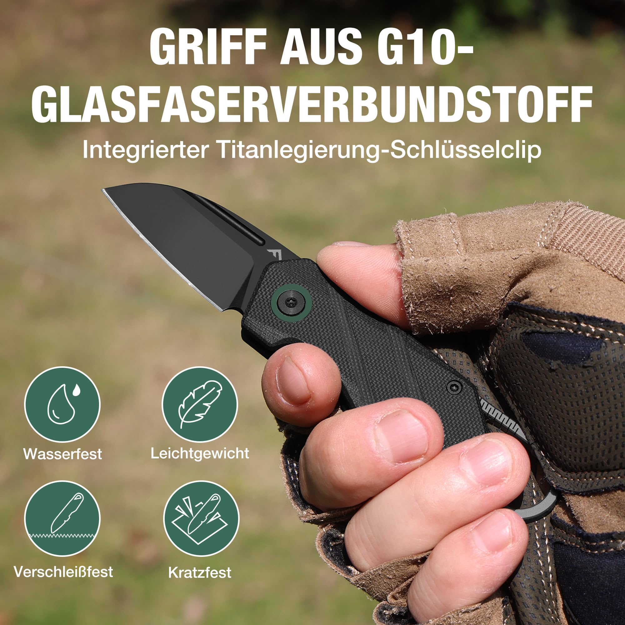 FLISSA Mini Taschenmesser, D2-Stahl Klinge, Kleines Klappmesser ohne Verriegelung, EDC Klappmesser mit einem Clip aus Titanlegierung, CNC-geschliffen, G10 Griff, Für Alltag & Outdoor, Schwarz