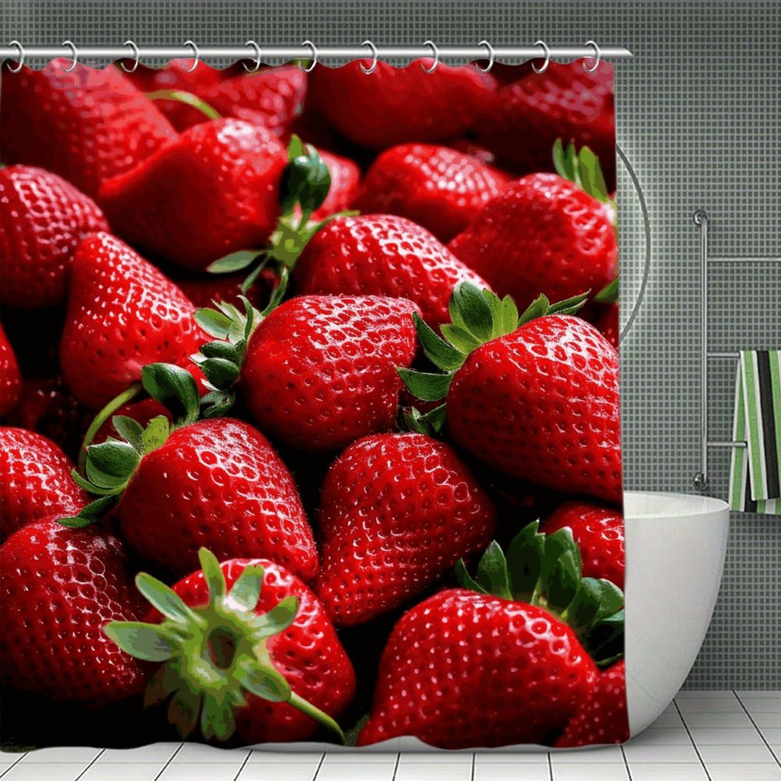 QMNLKH Fresh Strawberries Shower Curtain with Hooks, Waterproof Bath Curtains for Bathroom, Lightweight Bath Curtains Liner for Hotel, Personalized Bath Curtain for Spa, 70.8 Inch