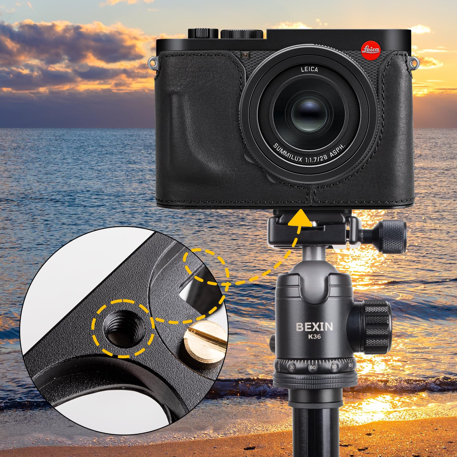 MUZIRI KINOKOO Funda para Leica Q3/Q3 43, Capa Superior de Cuero Genuino Leica Q3/Q3 43 Funda Protectora Media Versión Premium - con Apertura Inferior y Garre para la Hando - Negro