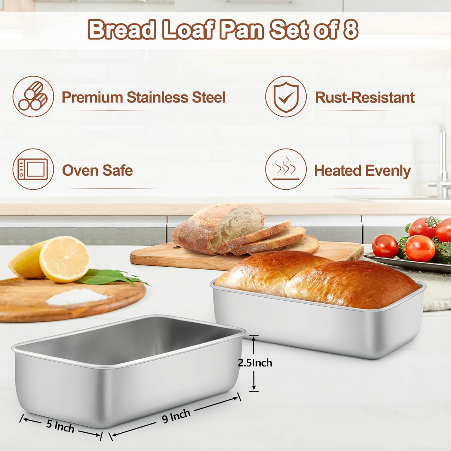 LIANYU 8 Pack 9x5 Loaf Pans for Baking Bread, Pasta Bowls Set of 4, Stainless Steel Bread Baking Pan Non Stick, 8.25'' Stoneware Ceramic Dinner Bowl Plates for Home Kitchen, Dishwasher Safe
