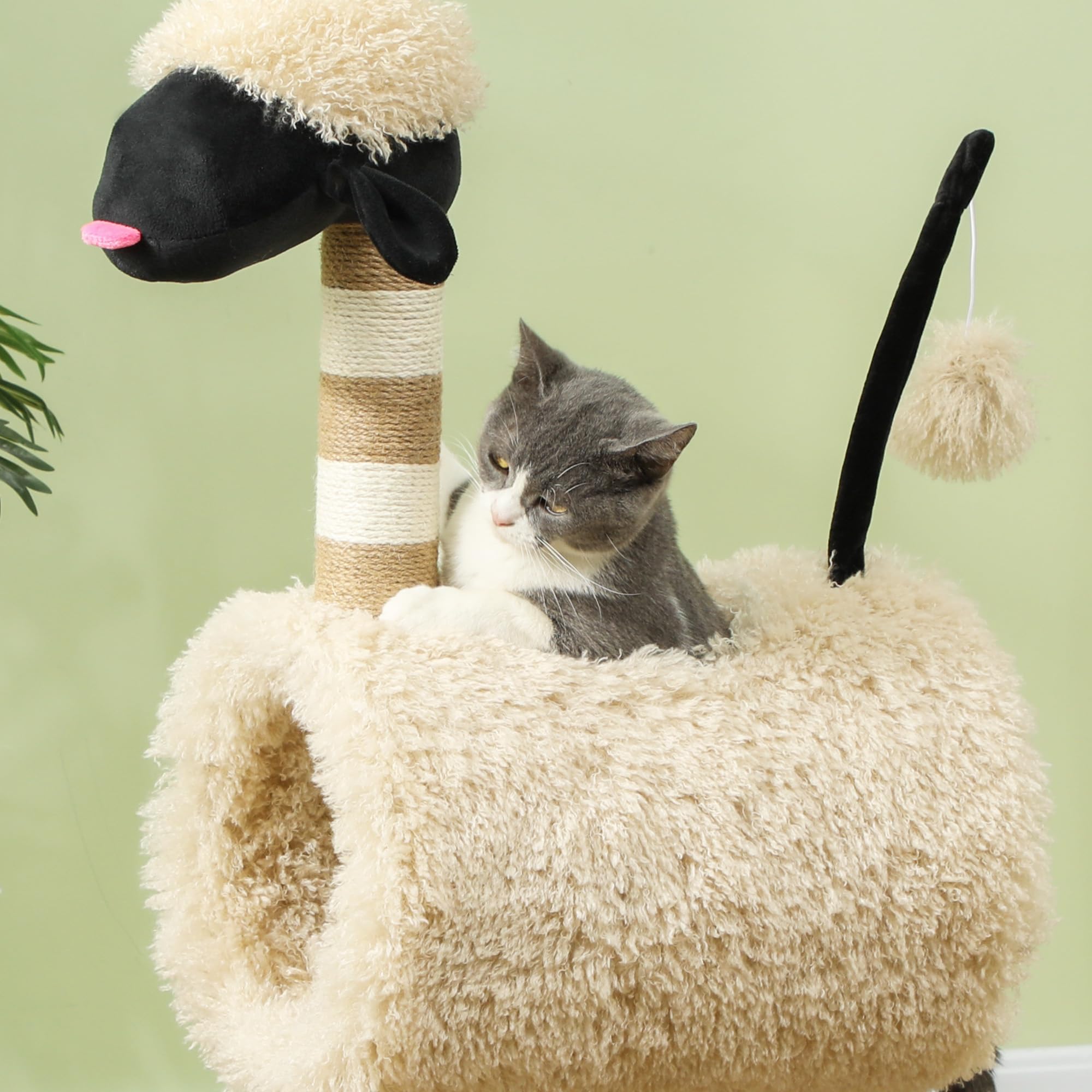 PawHut Kratzbaum Schaf-Design für Katzen bis 5 kg Tunnel 98 cm Hellbraun | Katzenturm, Kratzpfosten, Spielball, Mehrstöckiger Katzenkratzbaum, Kletterbaum