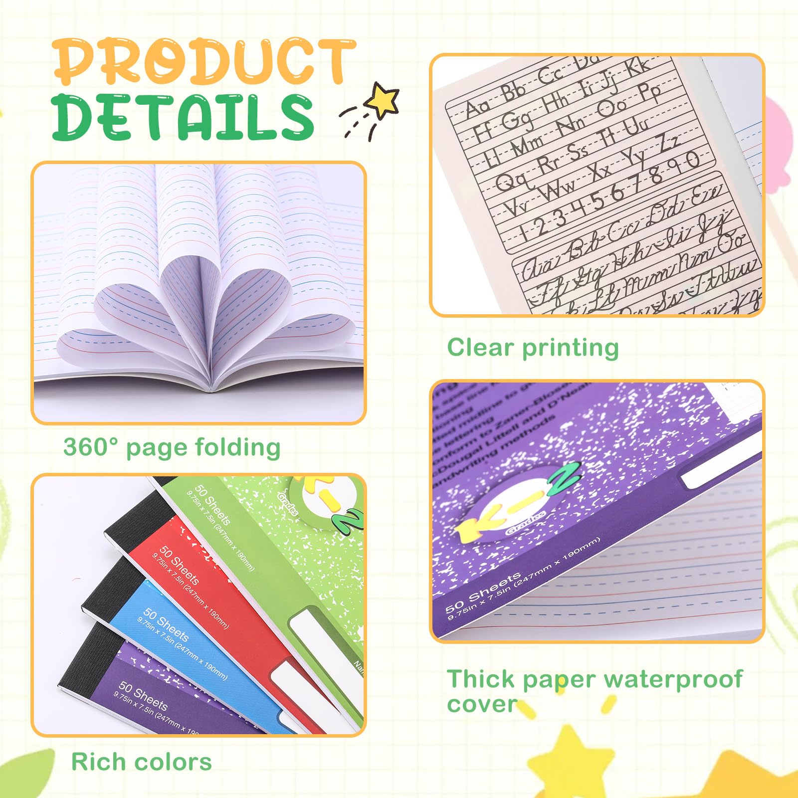 Fainne 50 paquetes de cuadernos de composición primaria, diario primario a granel, grado K-2, 9 3/4 x 7 1/2 pulgadas, libro de composiciones a rayas para niños para dibujar y escribir suministros