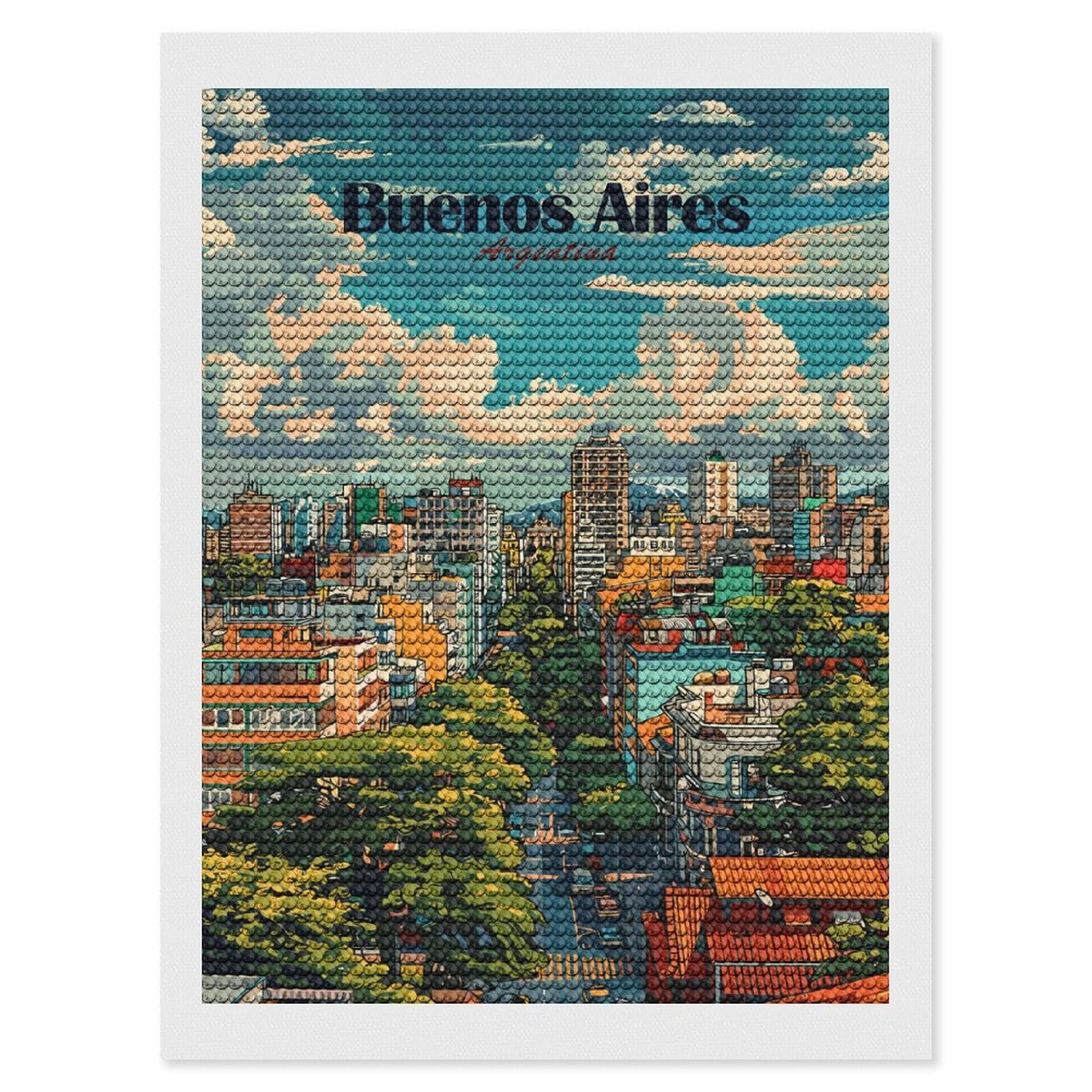 Junmoney Buenos Aires Argentina Cityscape Illustration Diamond Art Canvas 12"x16", for Adults, Good for Quiet Evenings, Bedroom Decor, Festive Craft Gift, Easy to Enjoy