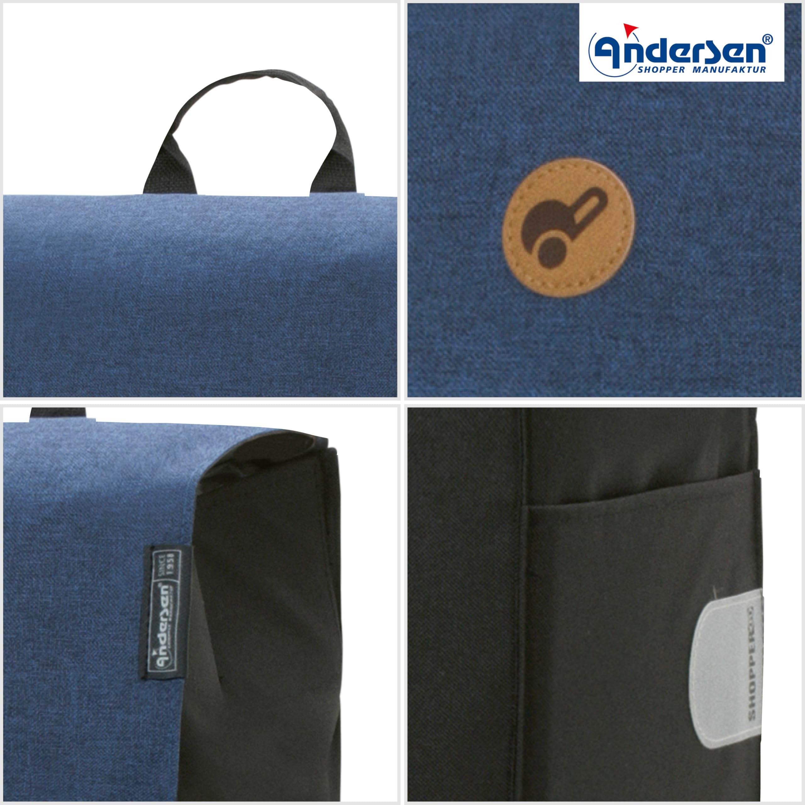 ANDERSEN Einkaufstrolley - Komfort Shopper Hera blau | mit Sitz, klappbar, aus Stahl, bis 50 kg - Tasche mit Seitentasche, Innenfach, Reflektoren, 47 L