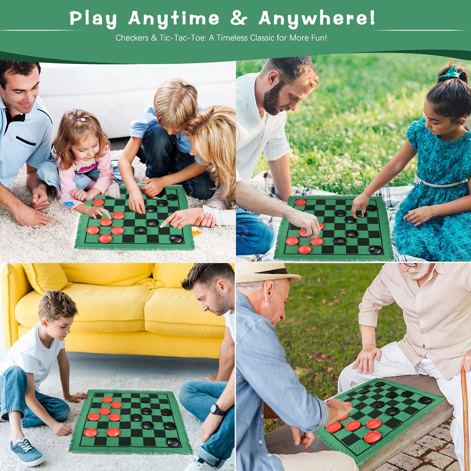 Giant Checkers 3 in 1 Tic Tac Toe Game Board for Adults and Kids with 24 Checker Pieces Reversible Rug - Indoor and Outdoor Games for Family and Party - Gift Ideas for Teen Boys, Kids & Adults