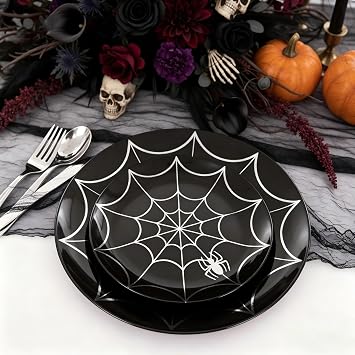NOCCUR 60PCS Halloween Plastic Plates - 30 Black Dinner/Dessert Plates - Ideal for Halloween Party