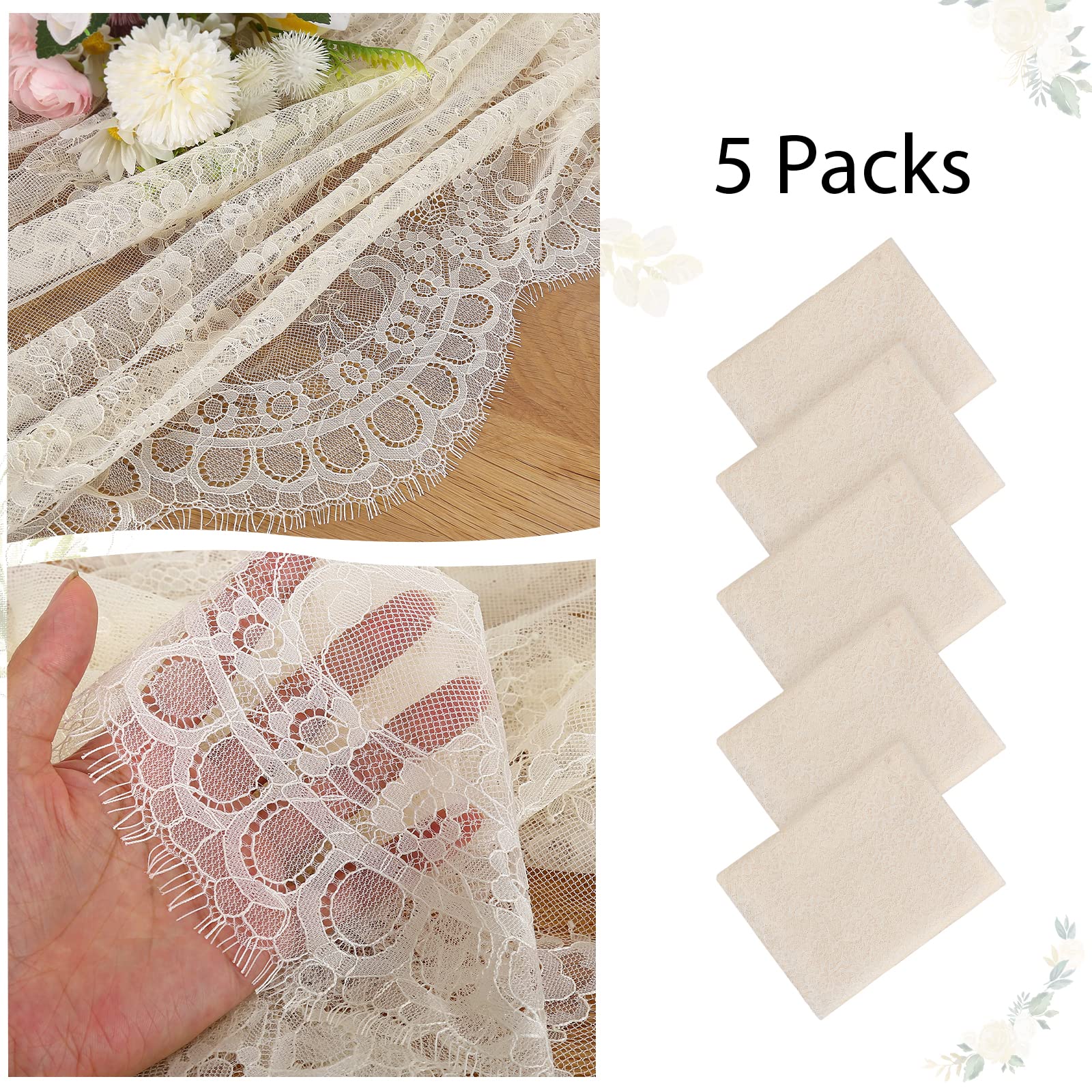 Fanqisi: 5 Stück Elfenbeinfarbene Spitzen-Tischdecke, 152,4 x 308,8 cm, klassische Hochzeits-Spitzen-Tischdecken, Overlay, Party-Tischabdeckung für Brautparty, Empfang, Tischdekoration