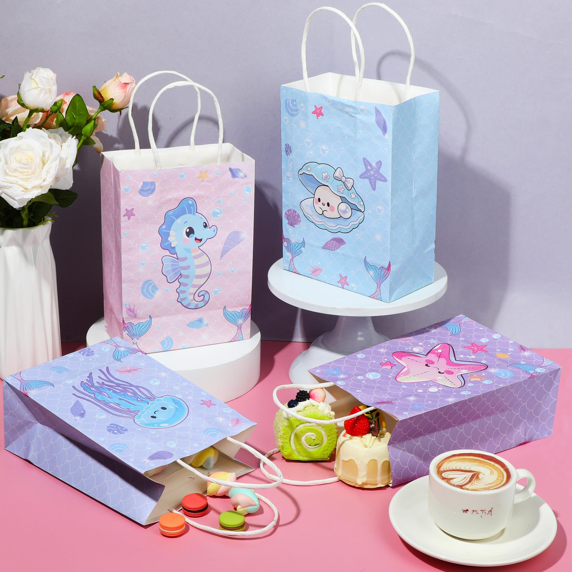 Pineraap 24Pcs Ocean Animals Party Favor Bags with Handles, Mermaid Gift Goodie Treat Paper Bags, Under the Sea Theme Gift Paper Bag for Girls Boys Kids Birthday, Mermaid Theme Party, Baby Shower