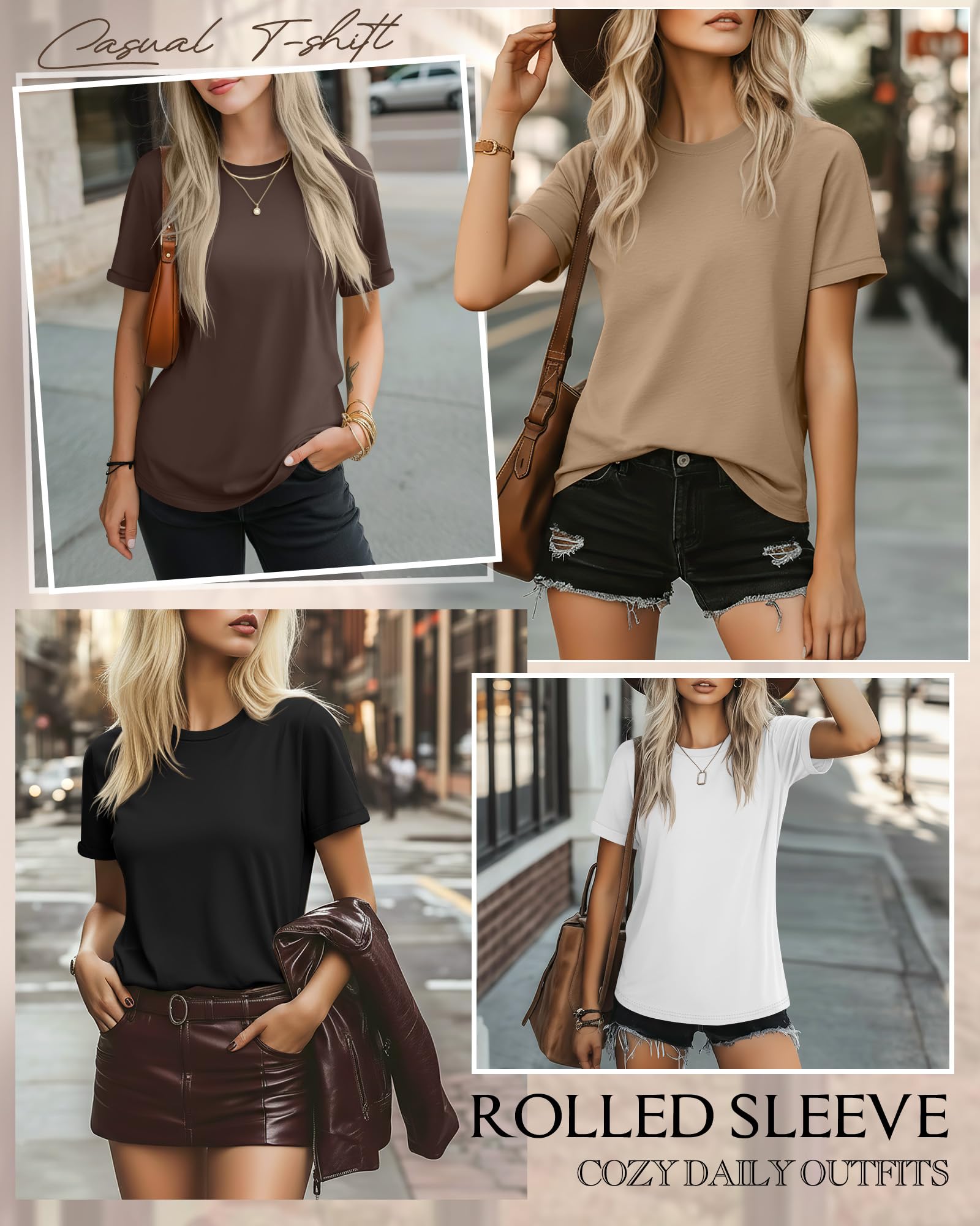 Ficerd - Pack de 4 Camisetas de Algodón para Mujer Estilo Informal de Manga de Verano Holgadas con Mangas Enrolladas Camiseta
