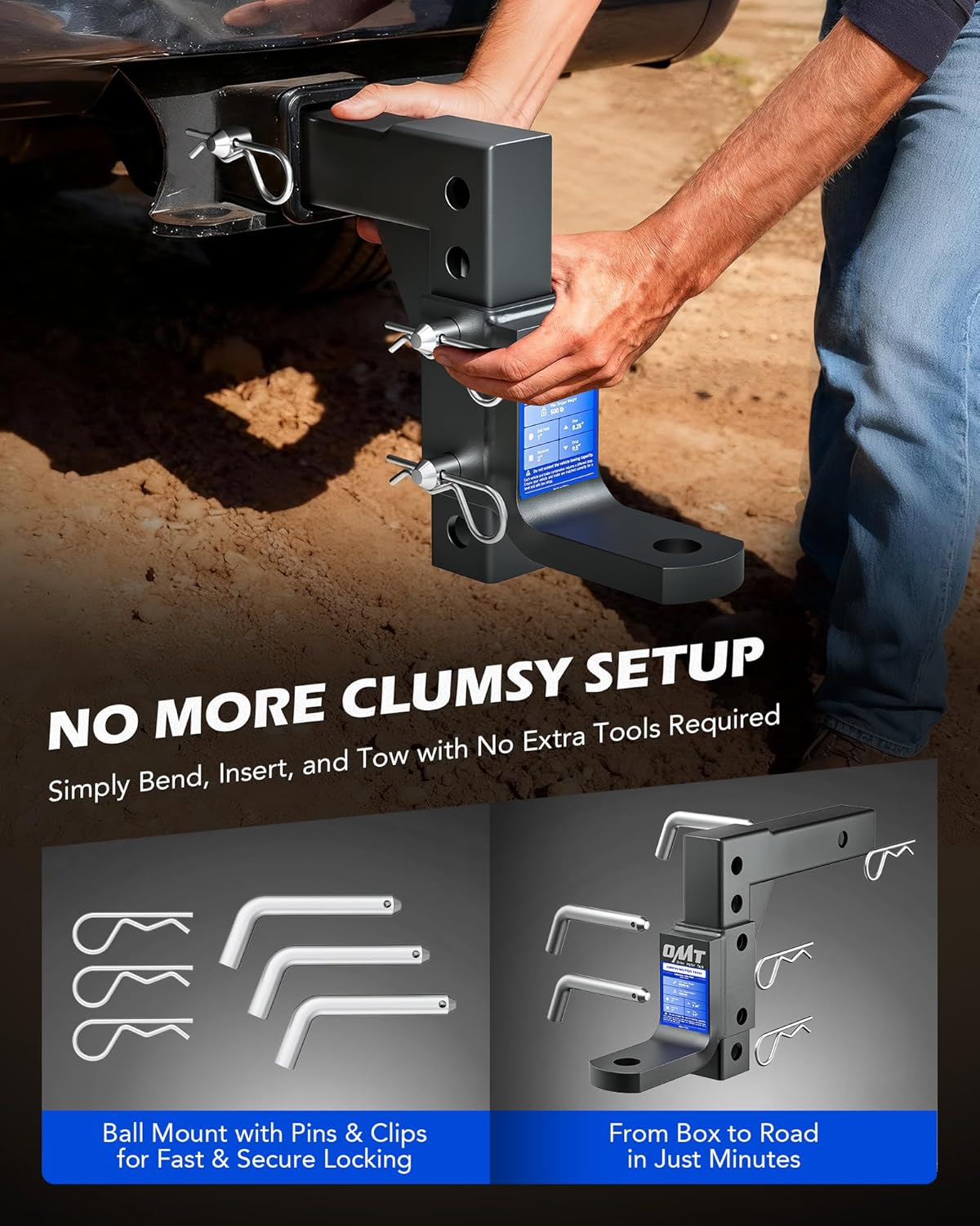 Orion Motor Tech Adjustable Trailer Hitch Ball Mount, 8-Position Tow Hitch for 2" Receiver with 1" Ball Hole 9-1/2" Drop 8-1/4" Rise 5000 lb Capacity, Heavy-Duty Ball Hitch for Truck Boat RV Cargo - Image 5