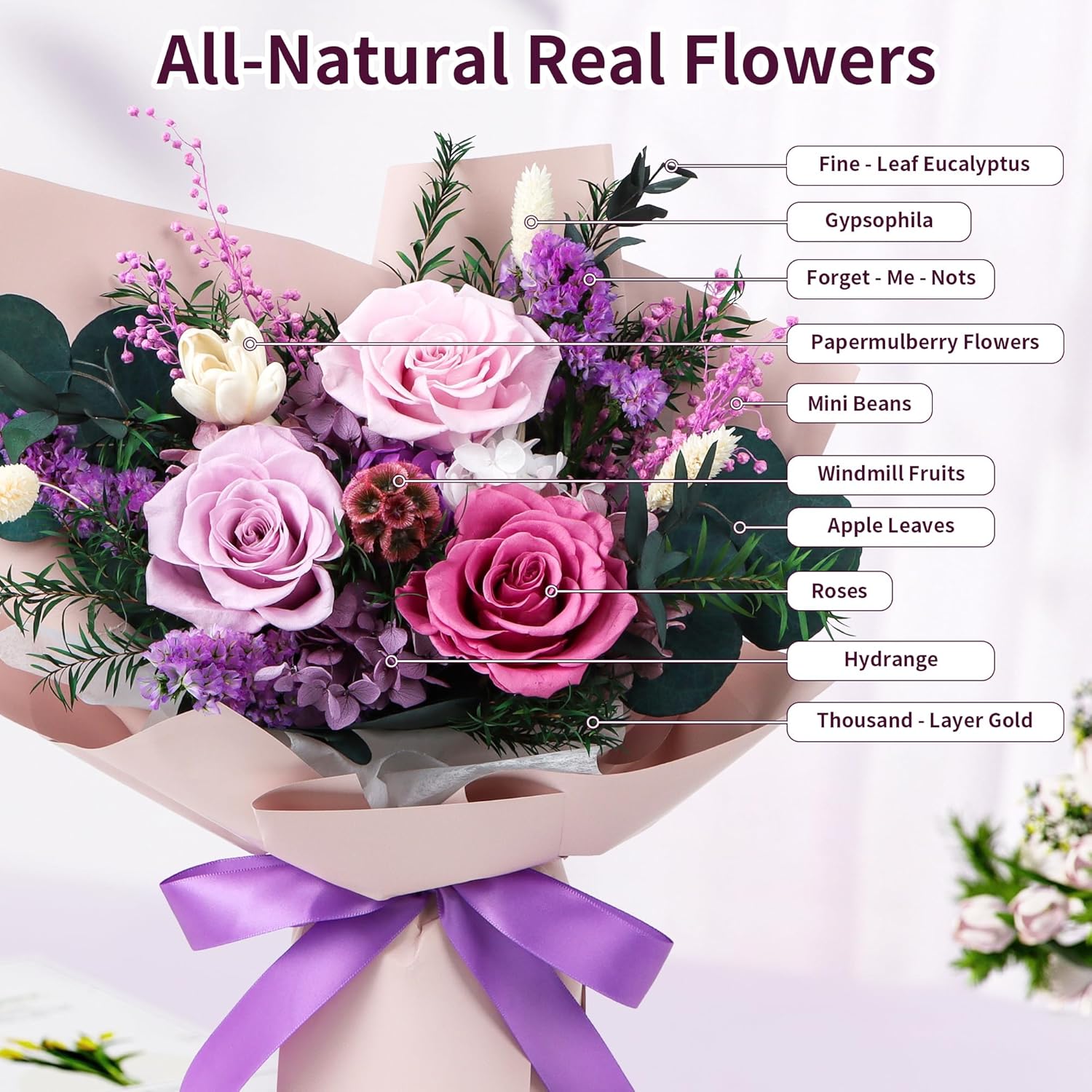 Preserved Flowers Bouquet, Real Eternal Flowers, Gifts For Women, Birthday Gifts For Mom Friends Her Girlfriend Sister, Valentine (Pastel Lilac) - Image 4