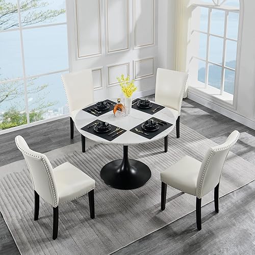 Miniatura 5 de JESONVID Parsons - Juego de 2 sillas de comedor de piel sintética con patas de madera maciza, sillas acolchadas de cuero suave tapizadas con ribete