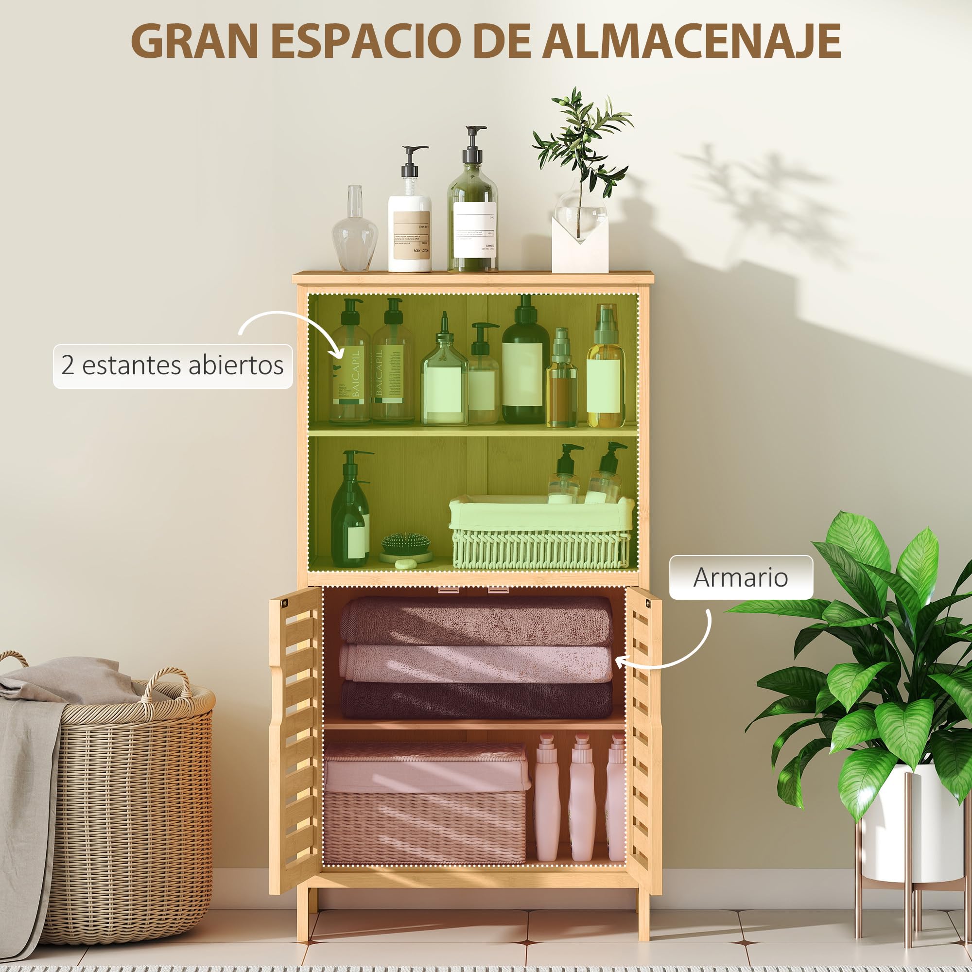 kleankin Mueble de Baño de Bambú Armario de Baño 50x29x92 cm Natural | 2 Puertas, 2 Estantes Abiertos, Patas Elevadas, Antivuelco