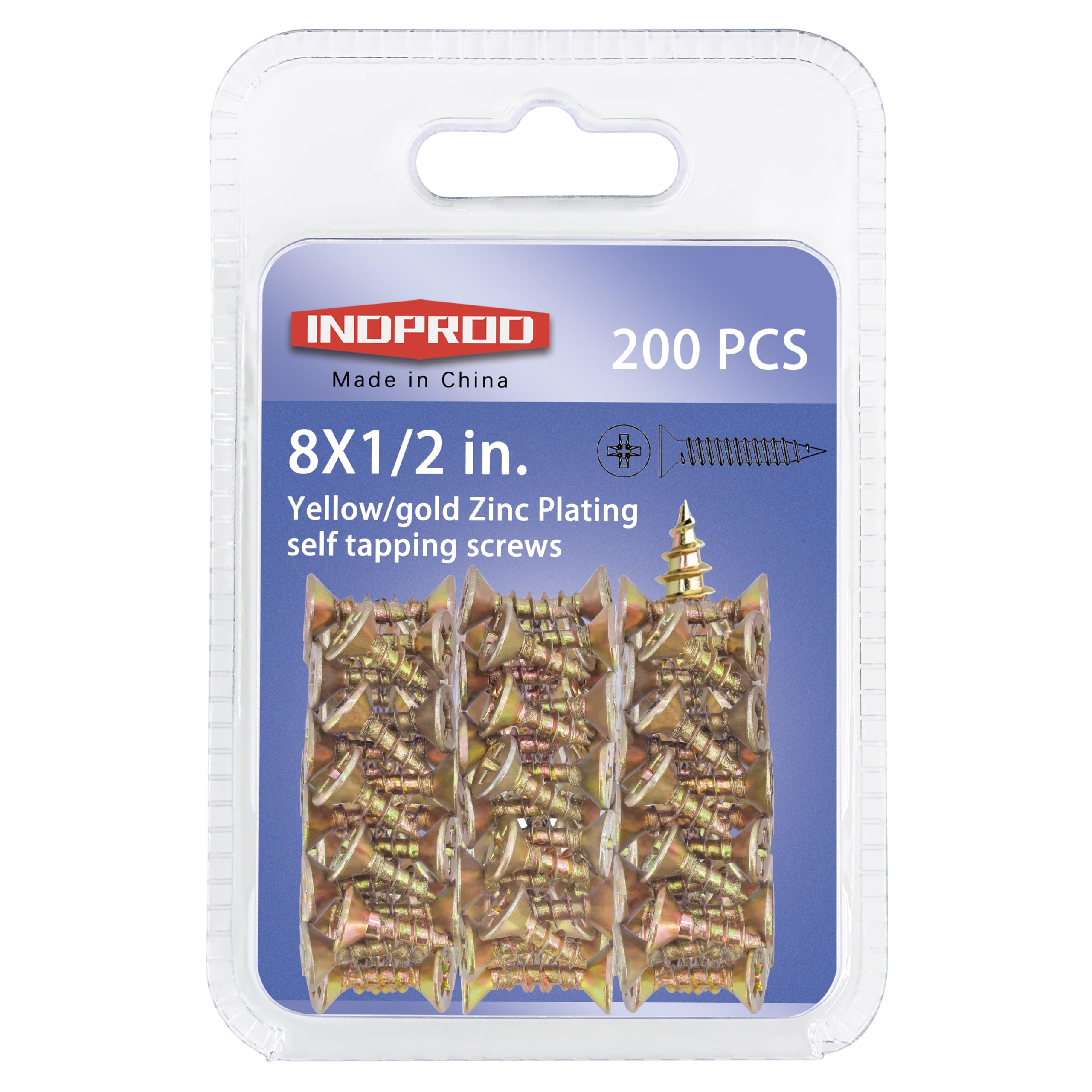 INDPROD 200pcs Flat Head Phillips Wood Screws #8 × 1/2", Yellow Zinc Plated Carbon Steel Sheet Metal Screws, High Strength Self Tapping Screws for Metal Plastic & Wood, Self Drilling, 8 × 1/2-Inch