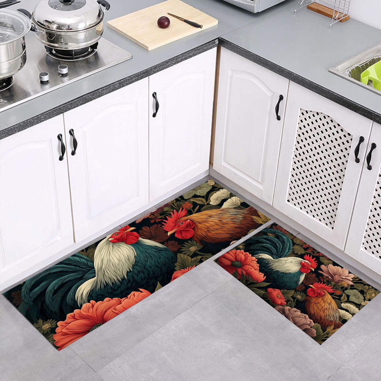 Tapis de cuisine vert foncé avec illustration fleurs de coq haute définition