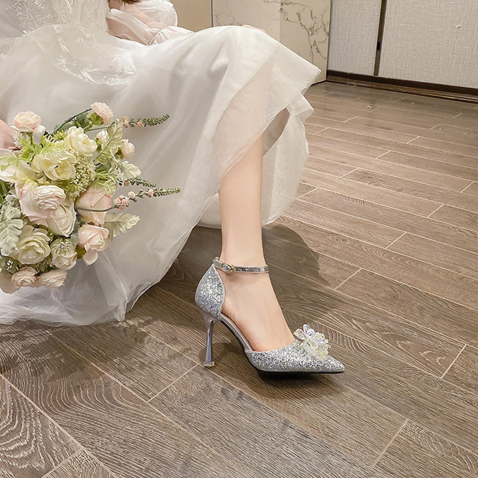 Scarpe da Sposa con Tacchi Alti da Donna Sandali Cavi Décolleté con Fiori di Strass e Tomaia Glitterata Altezza Tacco Medio 3