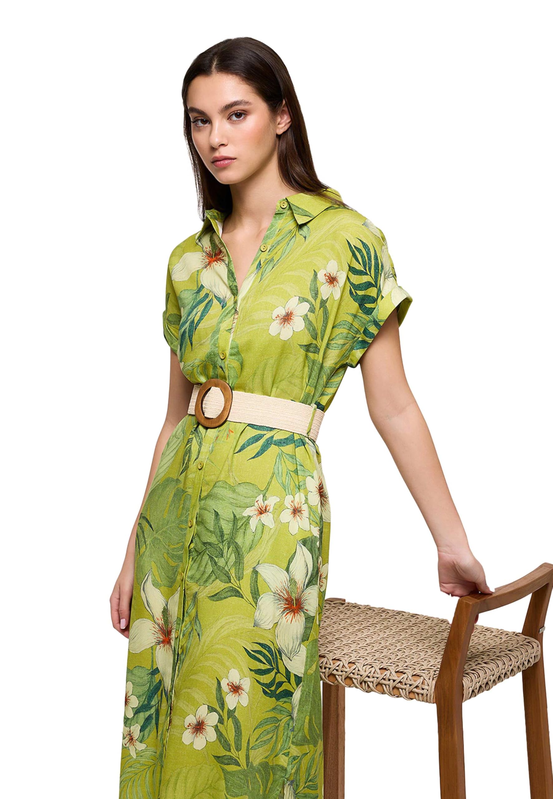 KOALA BAY | Bilimos | Vestido Mujer Verde Estampado Tropical | Vestido Camisero Largo Cinturón | Manga Corta Verano Elegante | Look Casual Vacaciones