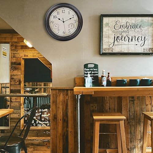 Miniatura 2 de Reloj de pared retro impermeable de 12 pulgadas para interiores y exteriores, con termómetro e higrómetro, funciona con pilas, reloj de pared