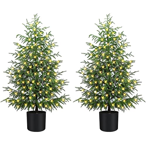 4FT Pre-Lit Artificial Norfolk Pine Christmas Tree – Realistic Potted Tree with 100 LED Lights & 8-Function Battery Box, Pre-Assembled Faux Holiday Décor for Indoor Use (2)