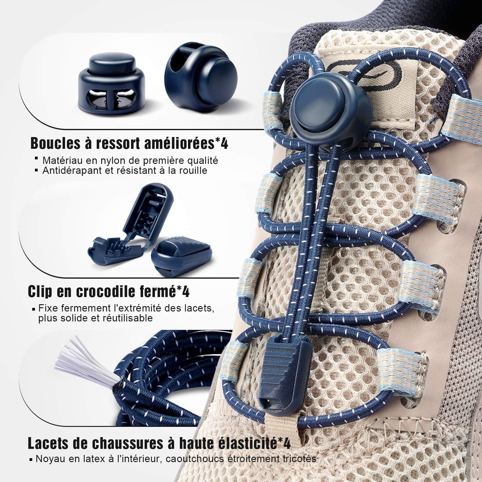 Lacets Élastiques Autobloquants 120 cm - Système ultra rapide sans laçage pour Enfants, Adultes