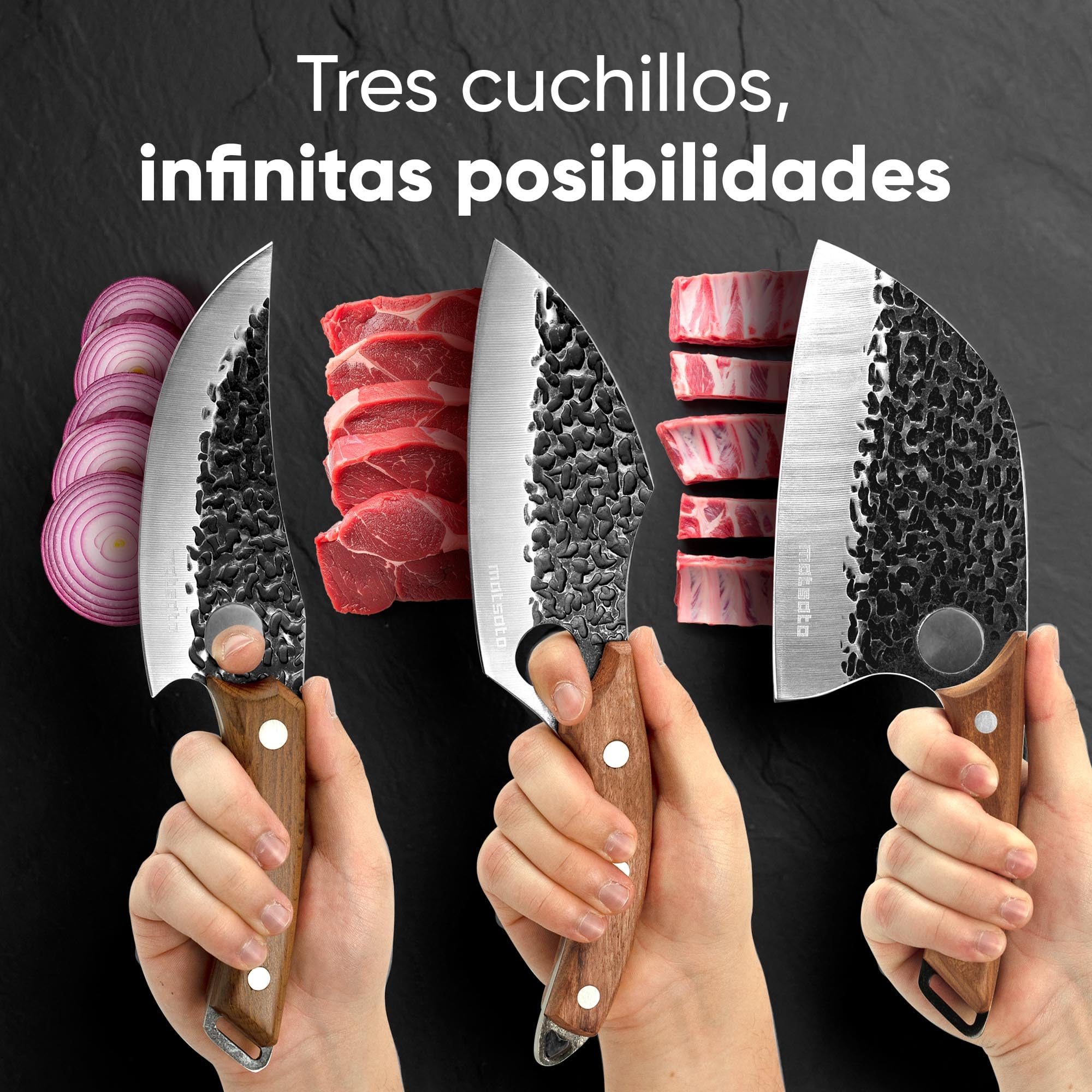 Matsato Juego 3 Cuchillos de Cocina Profesionales Mango Madera | Cuchillo chef, cuchillo para carne y cuchillo universal. Mango ergonómico de madera.