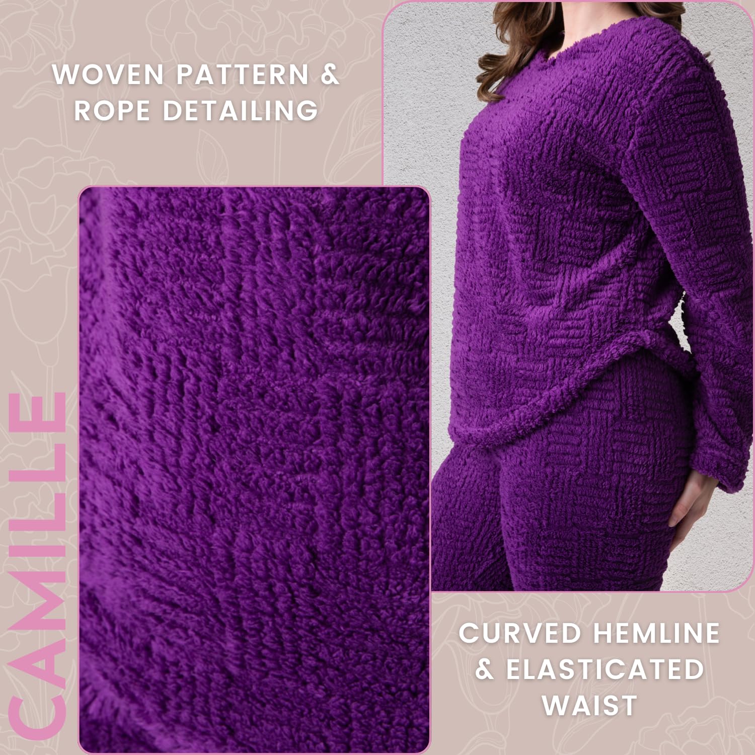 Camille Pyjamas pour Femmes Ensemble De Vêtements De Détente en Polaire Sherpa Jacquard Super Doux avec Motif Tissé Crème Et Détails De Corde - Col Ras du Cou à Manches Longues avec Taille élas