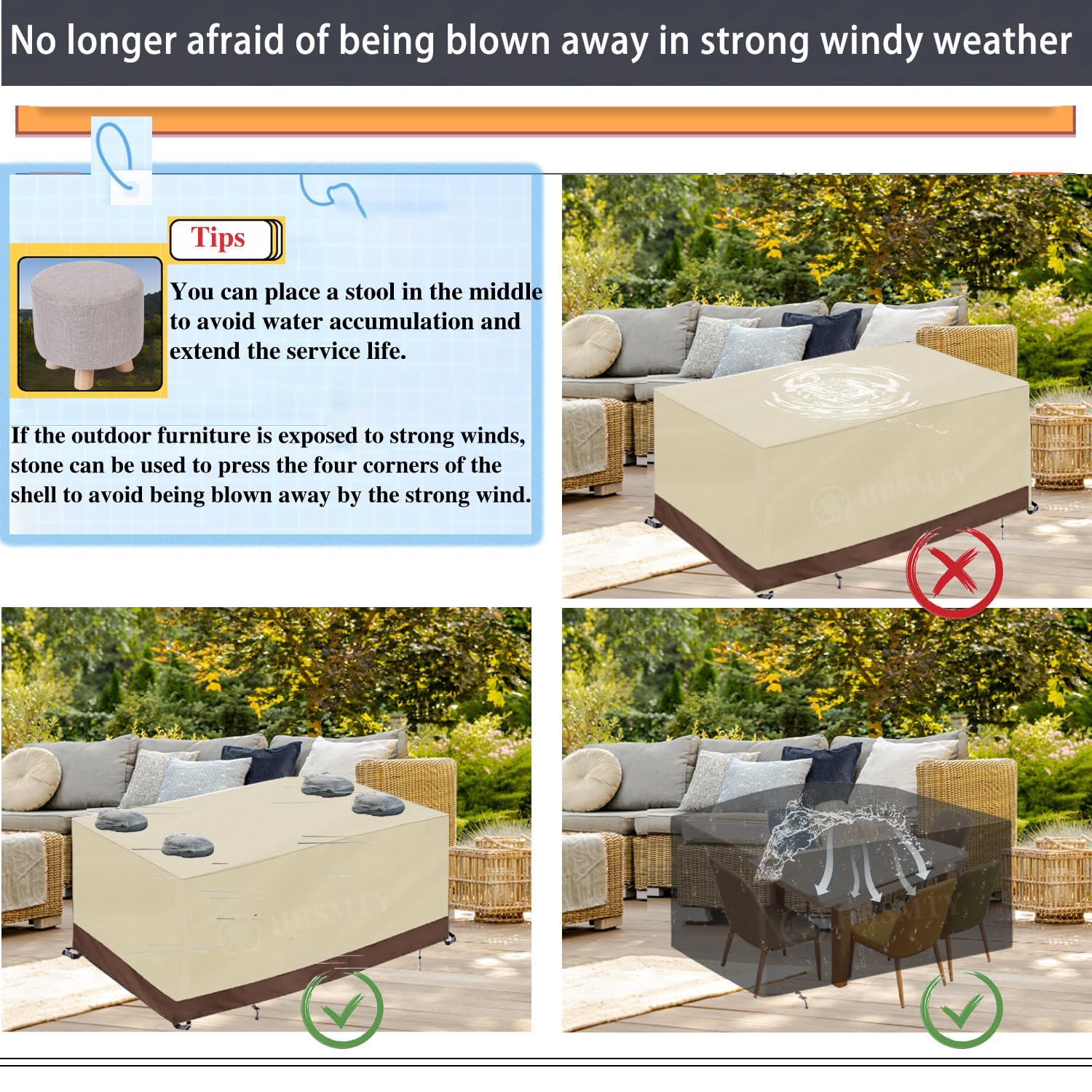 Copertura per Mobili da Giardino Rettangolare, 420D Oxford Coperture per Tavoli da Giardino Esterno, Copritavolo Tavolo Impermeabile Anti-UV, per Cortile Tavoli Sedie