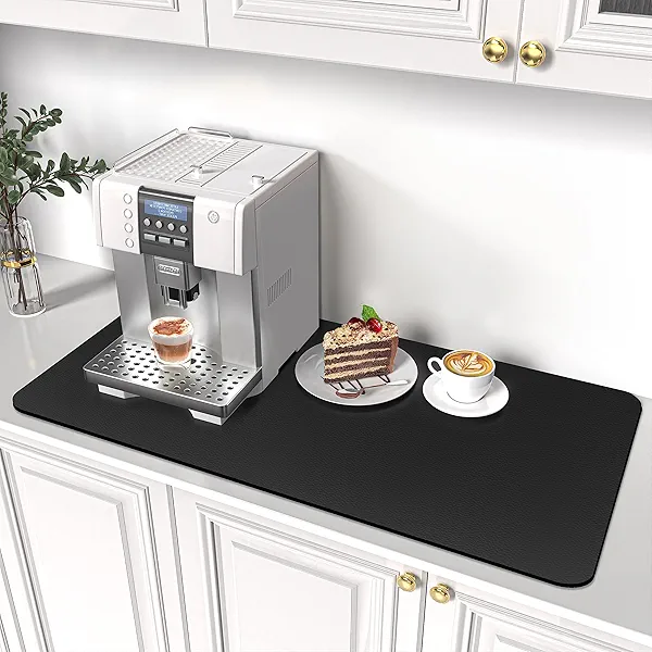 PoYang 31.5"x17" Coffee Mat X-Large, Coffee Bar Accessories for Countertop, Absorbent Dish Drying Mat, Anti-Slip and Hide Stain Pad for Espresso Machine, Espresso Maker and Kitchen Counter, Black