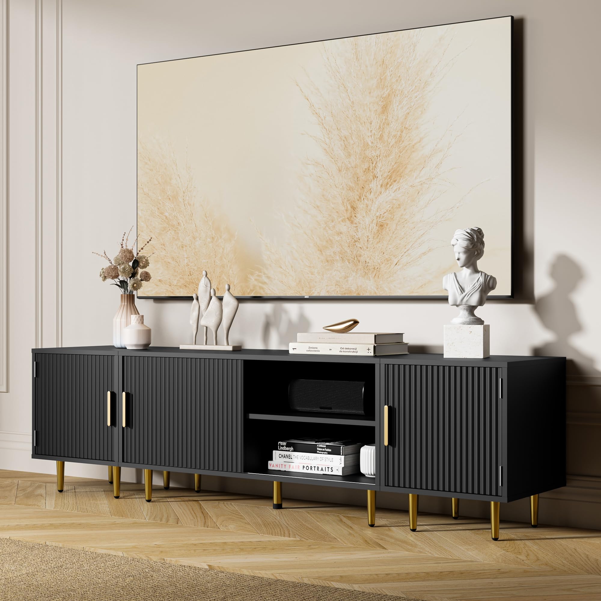 Cozy Castle 75" Modern Fluted Stand for TV up to 80", Mid Century Entertainment Center with Storage and Open Shelves, Media Console for Living Room, Bedroom, Black