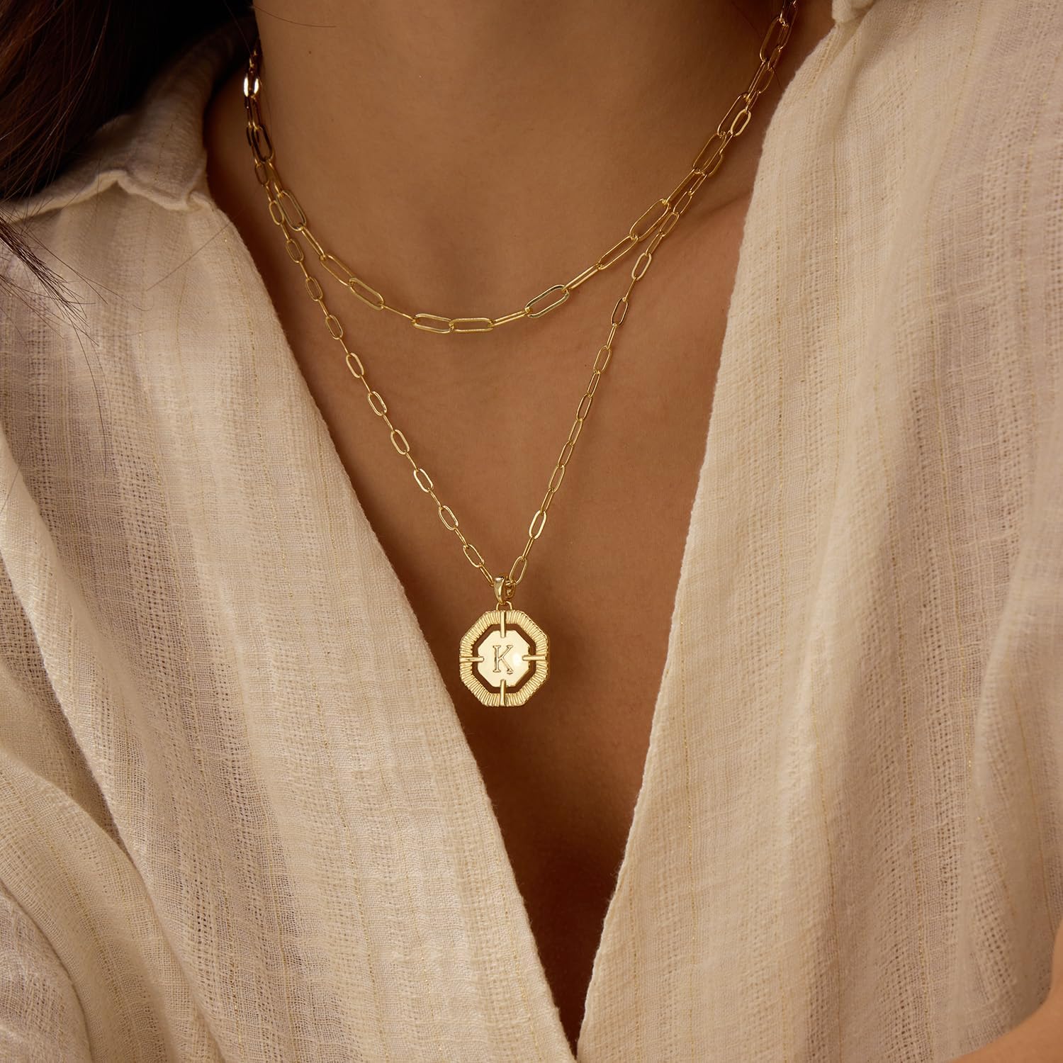 Layered Initial Necklaces for Women Dainty Paperclip Link Chain Choker Necklace 14K Gold Plated Octagon Letter Necklace Personalized Name Necklace Teen Gift Trendy Stuff Cute Jewelry Gifts - Image 4
