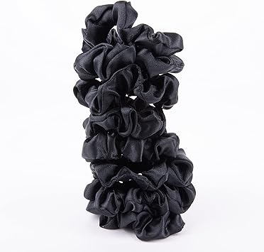 Amazon Basics Satin Scrunchies No Crease, No Damage Hair Ties Frizz Free, Gentle, Stylish Scrunchies. Black, 8 Count, For Thin and Normal Hair