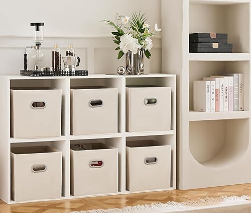Miniatura 4 de MAX Houser Paquete de 6 contenedores plegables de tela con asas, ideales para organización de armario, dormitorio y guardería (beige, 12 x 12 x 12