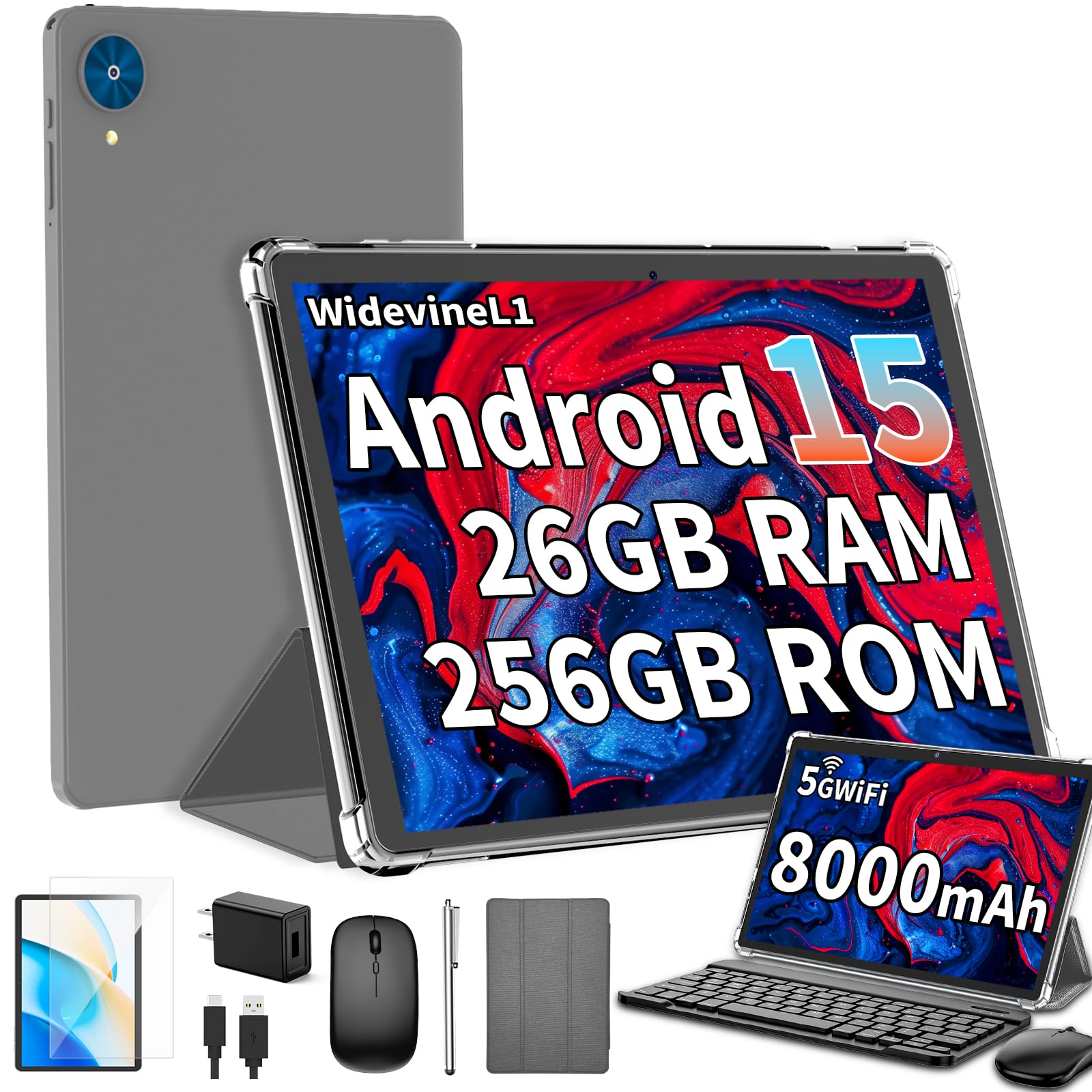 Android 15 Tablet with Keyboard, 26GB+256GB(2TB Expand), 10.1 Inch Tablet 8000 mAh Battery, BT 5.0, 5G WiFi, Widevine L1, Dual Camera, 2 in 1 Tab with Mouse, Case, Stylus(Silver Case)