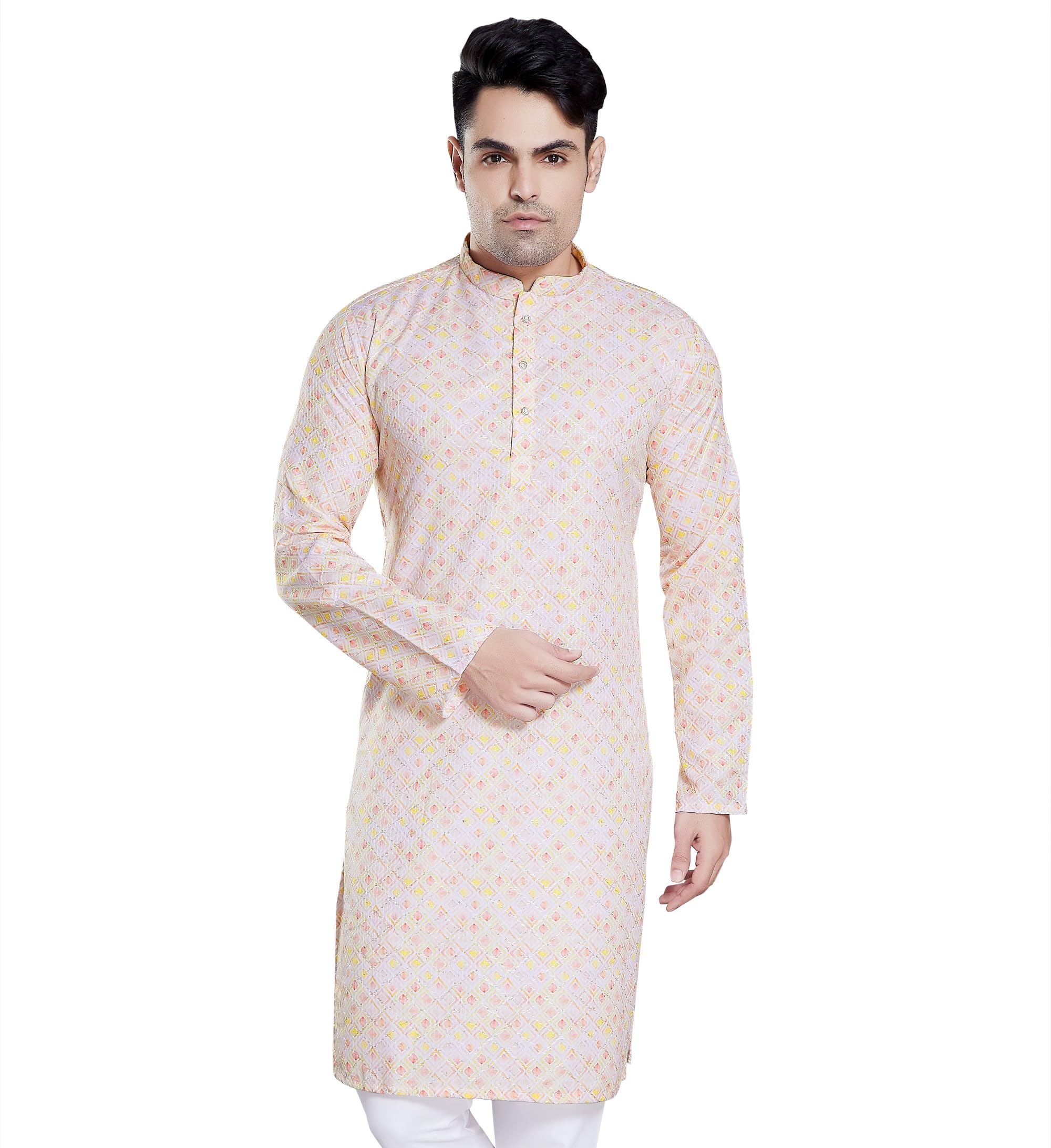 Divisive Men's Sequince Embroidered Printed Cotton Blend Only Slim Fit Kurta (Dkrt119_Xxl_Yellow)